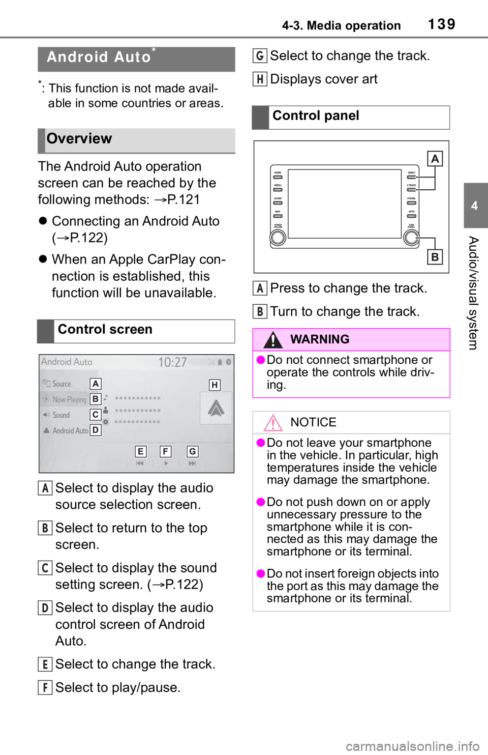 TOYOTA RAV4 2020 Accessories, Audio & Navigation (in English) 1394-3. Media operation
4
Audio/visual system
*: This function is not made avail-able in some countries or areas.
The Android Auto operation
screen can be reached by the
following methods: P. 1 TOYOTA RAV4 2020 Accessories, Audio & Navigation (in English) 1394-3. Media operation
4
Audio/visual system
*: This function is not made avail-able in some countries or areas.
The Android Auto operation
screen can be reached by the
following methods: P. 1