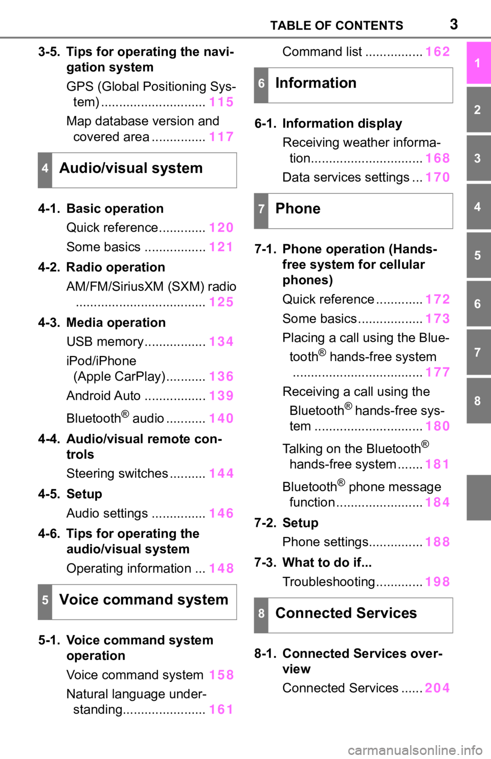 TOYOTA RAV4 2020  Accessories, Audio & Navigation (in English) 3TABLE OF CONTENTS
1
2
3
4
5
6
7
8
3-5. Tips for operating the navi-gation system
GPS (Global Positioning Sys-tem) ............................. 115
Map database version and  covered area ............