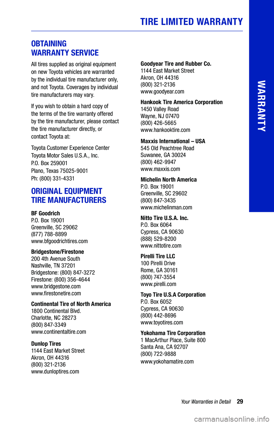 TOYOTA RAV4 2020 Warranties & Maintenance Guides (in English) 29Your Warranties in Detail
WARRANTY
OBTAINING
WARRANTY SERVICE
All tires supplied as original equipment
on new Toyota vehicles are warranted
by the individual tire manufacturer only,
and not TOYOTA RAV4 2020 Warranties & Maintenance Guides (in English) 29Your Warranties in Detail
WARRANTY
OBTAINING
WARRANTY SERVICE
All tires supplied as original equipment
on new Toyota vehicles are warranted
by the individual tire manufacturer only,
and not