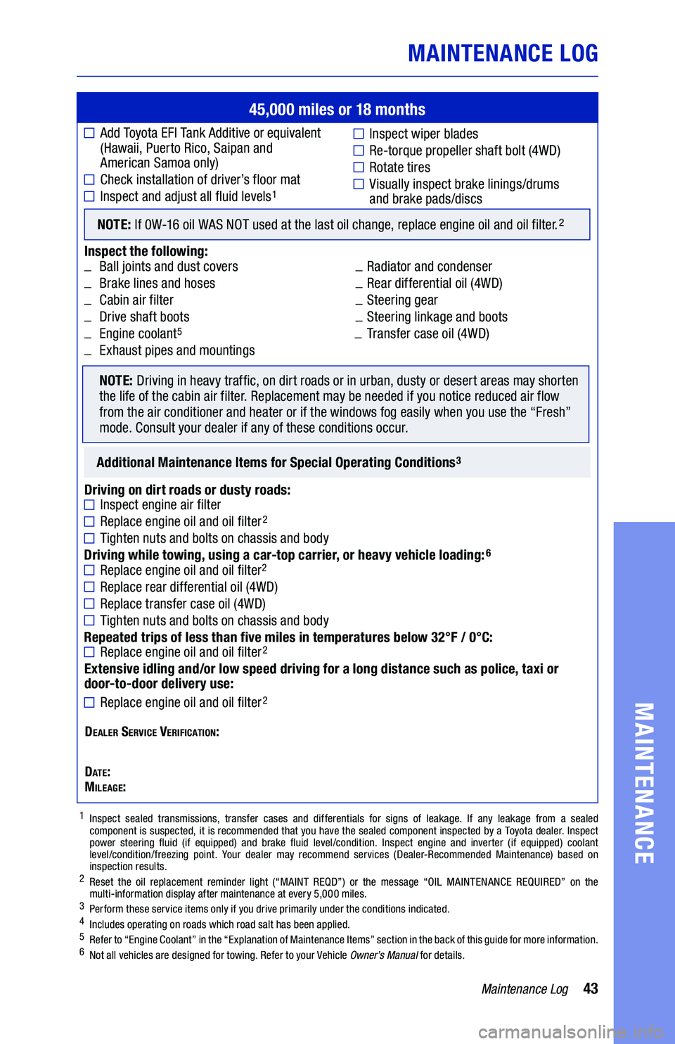 TOYOTA RAV4 2020 Warranties & Maintenance Guides (in English) 43Maintenance Log
MAINTENANCE LOG
MAINTENANCE
1 Inspect sealed transmissions, transfer cases and differentials for signs of leakage. If any leakage from a sealed
component is suspected, it is recomm TOYOTA RAV4 2020 Warranties & Maintenance Guides (in English) 43Maintenance Log
MAINTENANCE LOG
MAINTENANCE
1 Inspect sealed transmissions, transfer cases and differentials for signs of leakage. If any leakage from a sealed
component is suspected, it is recomm