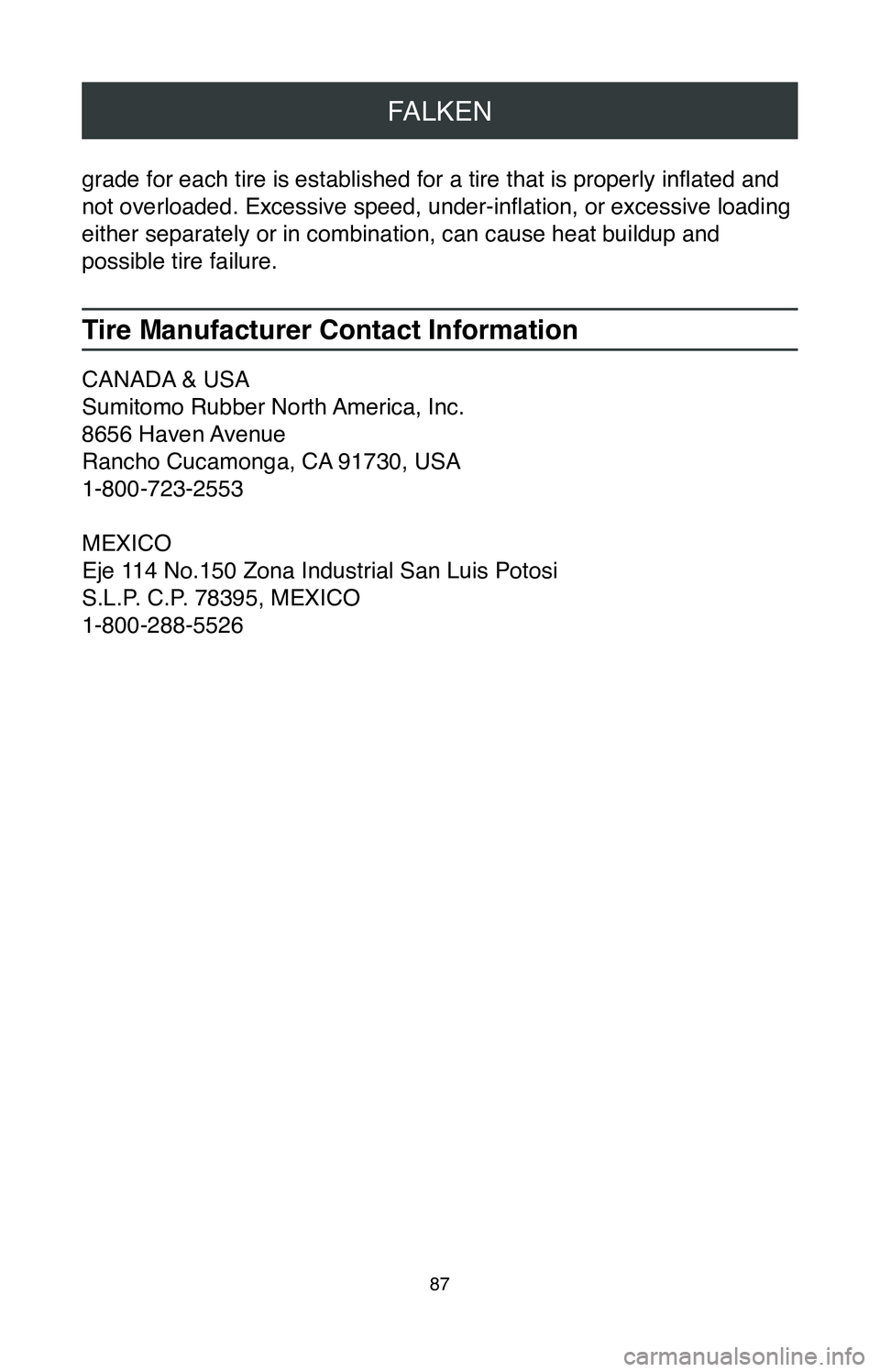 TOYOTA RAV4 2020 Warranties & Maintenance Guides (in English) FALKEN
87
grade for each tire is established for a tire that is properly inflated and
not overloaded. Excessive speed, under-inflation, or excessive loading
either separately or in combination, can TOYOTA RAV4 2020 Warranties & Maintenance Guides (in English) FALKEN
87
grade for each tire is established for a tire that is properly inflated and
not overloaded. Excessive speed, under-inflation, or excessive loading
either separately or in combination, can