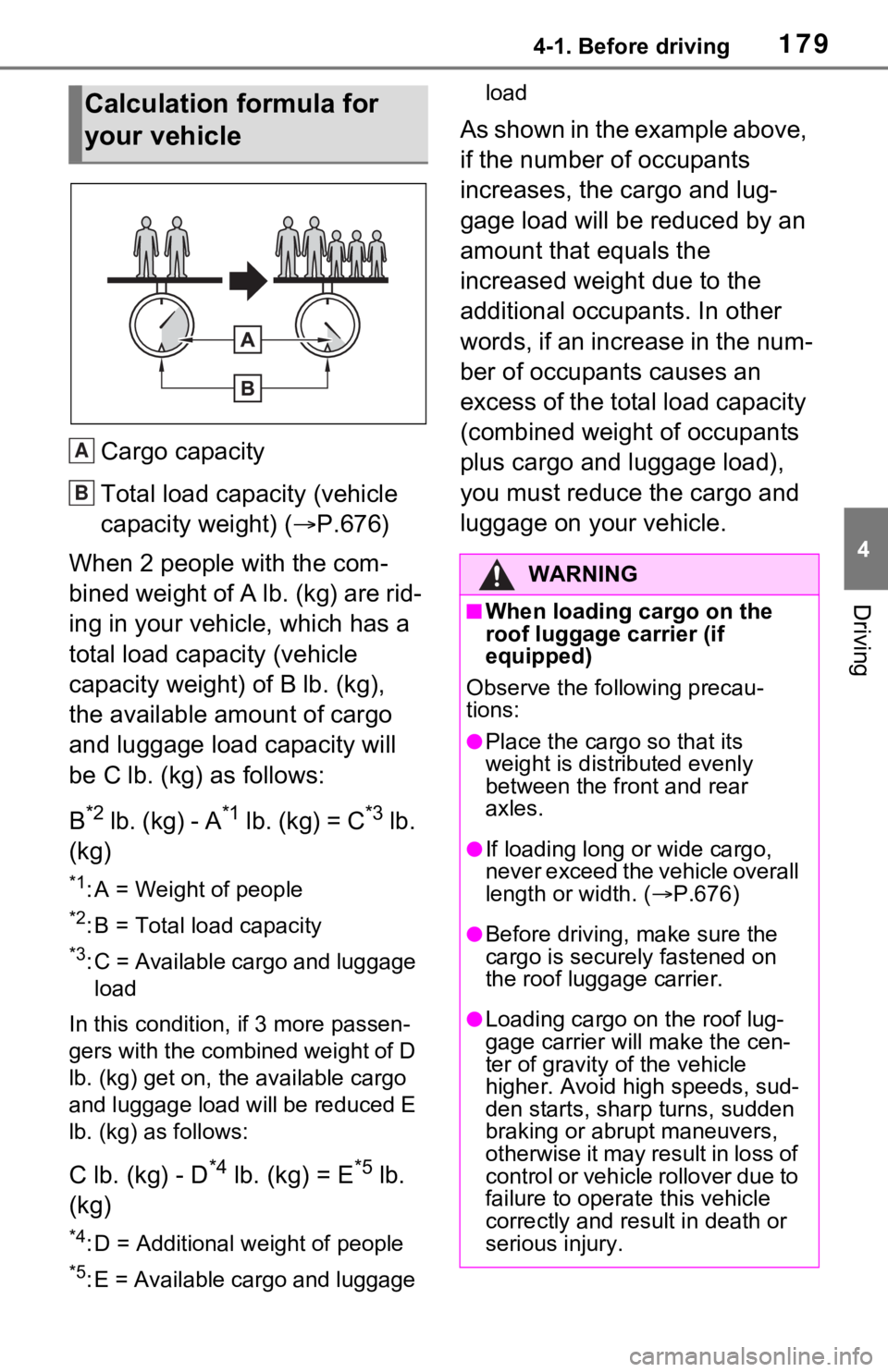 TOYOTA RAV4 2021 Owners Manual (in English) 1794-1. Before driving
4
Driving
Cargo capacity
Total load capacity (vehicle
capacity weight) (P.676)
When 2 people with the com-
bined weight of A lb. (kg) are rid-
ing in your vehicle, which has TOYOTA RAV4 2021 Owners Manual (in English) 1794-1. Before driving
4
Driving
Cargo capacity
Total load capacity (vehicle
capacity weight) (P.676)
When 2 people with the com-
bined weight of A lb. (kg) are rid-
ing in your vehicle, which has
