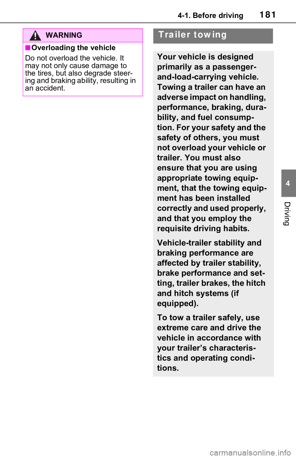 TOYOTA RAV4 2021  Owners Manual (in English) 1814-1. Before driving
4
Driving
WARNING
■Overloading the vehicle
Do not overload the vehicle. It 
may not only cause damage to 
the tires, but also degrade steer-
ing and braking ability, resulting