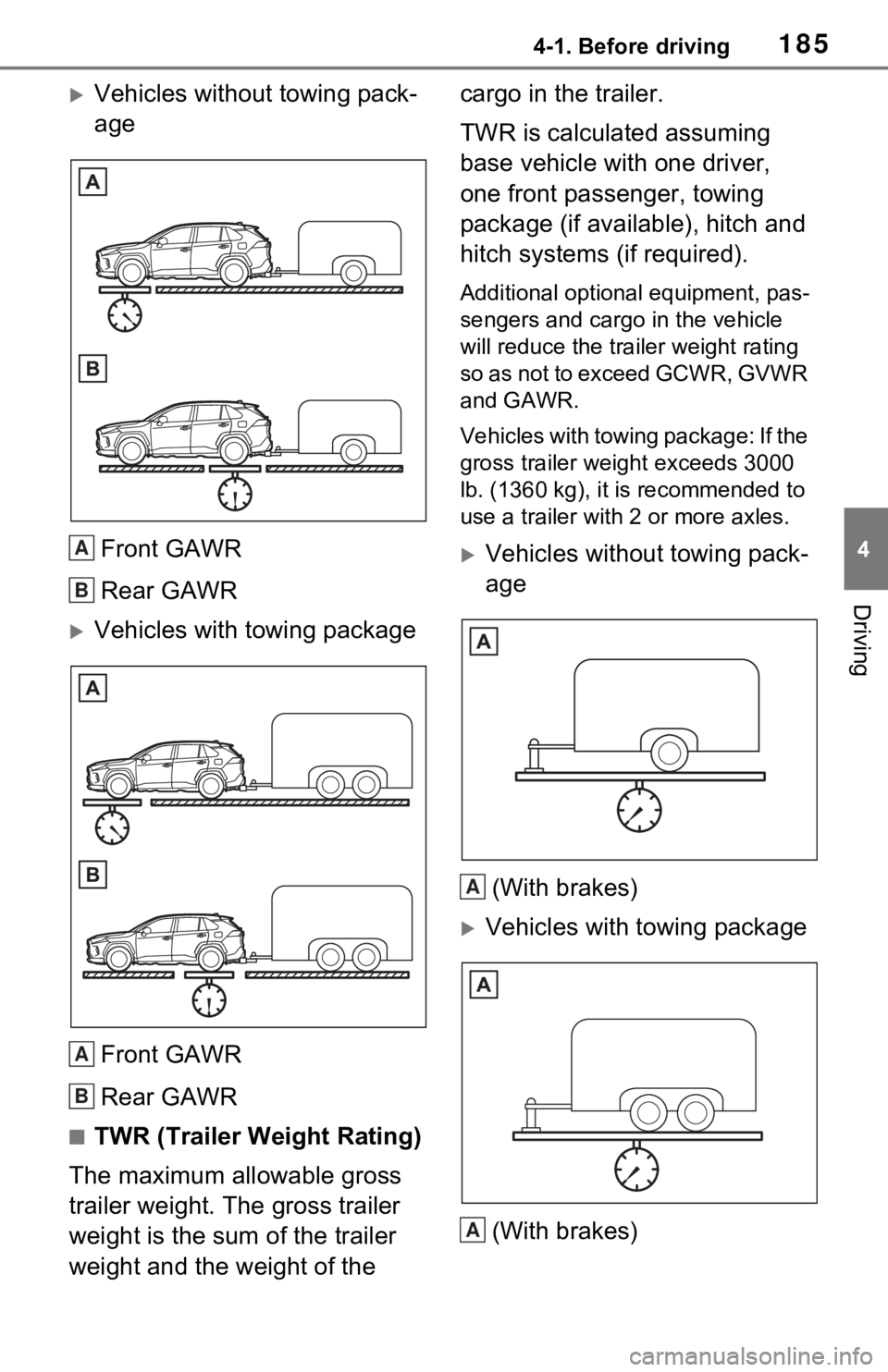 TOYOTA RAV4 2021  Owners Manual (in English) 1854-1. Before driving
4
Driving
Vehicles without towing pack-
ageFront GAWR
Rear GAWR
Vehicles with towing packageFront GAWR
Rear GAWR
■TWR (Trailer Weight Rating)
The maximum allowable gross