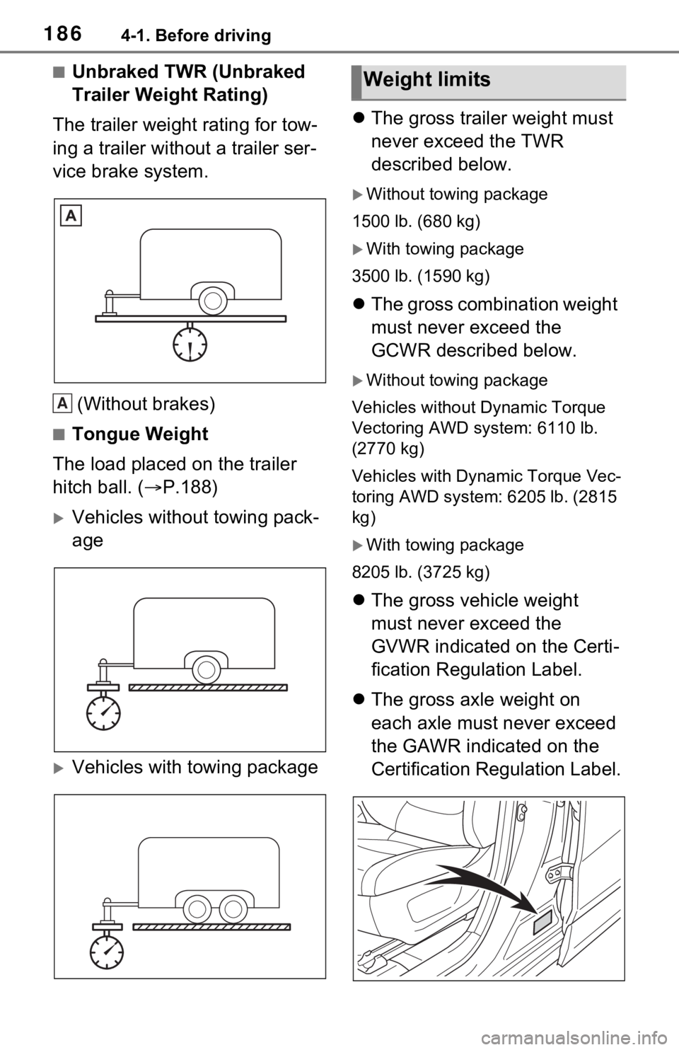 TOYOTA RAV4 2021  Owners Manual (in English) 1864-1. Before driving
■Unbraked TWR (Unbraked 
Trailer Weight Rating)
The trailer weight rating for tow-
ing a trailer without a trailer ser-
vice brake system.
(Without brakes)
■Tongue Weight
Th