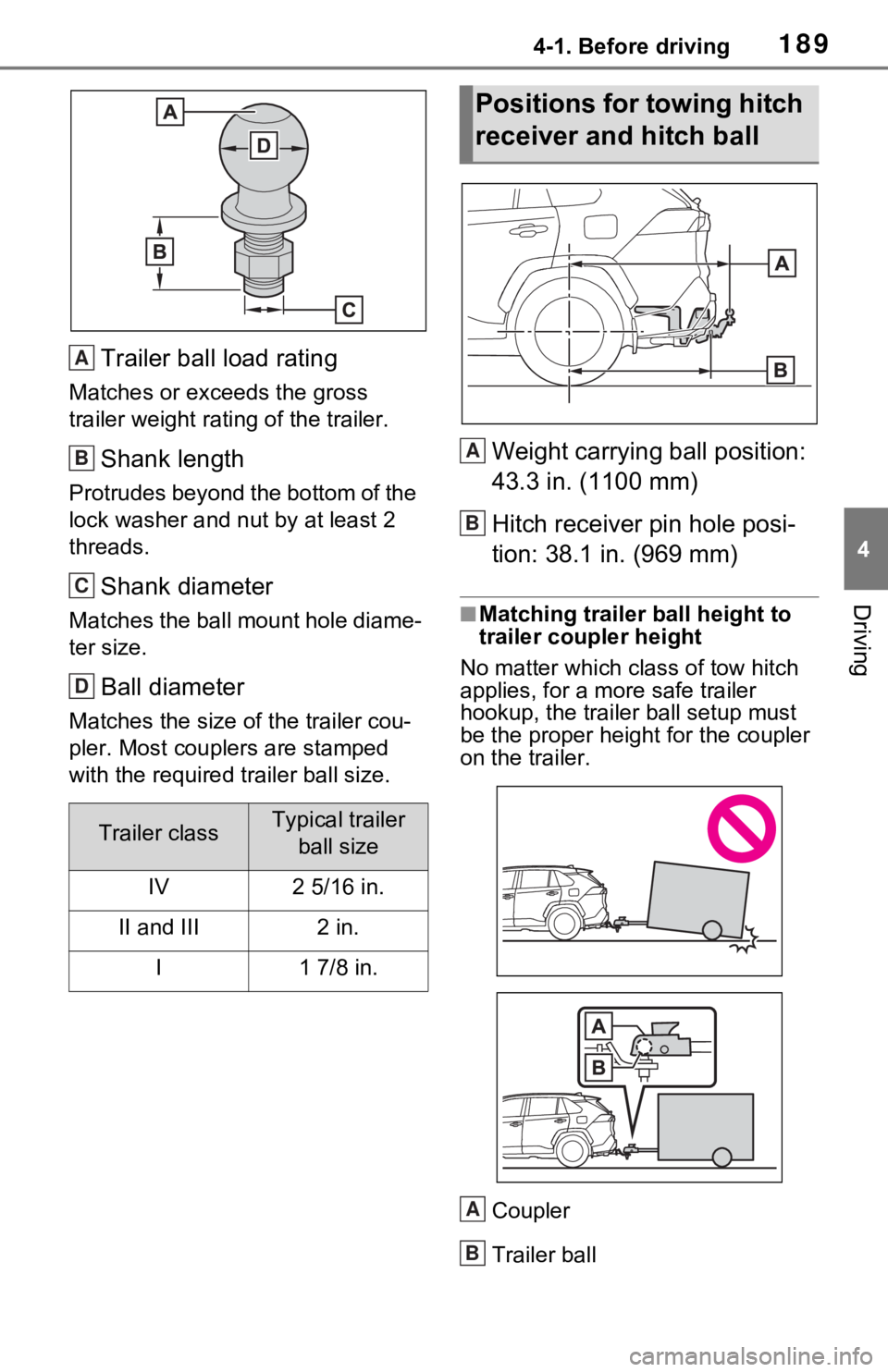 TOYOTA RAV4 2021  Owners Manual (in English) 1894-1. Before driving
4
Driving
Trailer ball load rating
Matches or exceeds the gross 
trailer weight rating of the trailer.
Shank length
Protrudes beyond the bottom of the 
lock washer and nut by at