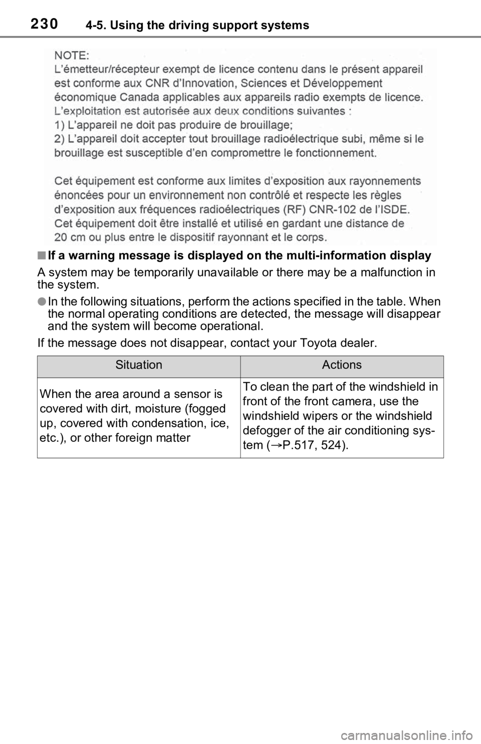 TOYOTA RAV4 2021 (in English) Owners Manual 2304-5. Using the driving support systems
■If a warning message is displayed on the multi-information display
A system may be temporarily unava ilable or there may be a malfunction in
the system.
TOYOTA RAV4 2021 (in English) Owners Manual 2304-5. Using the driving support systems
■If a warning message is displayed on the multi-information display
A system may be temporarily unava ilable or there may be a malfunction in
the system.
