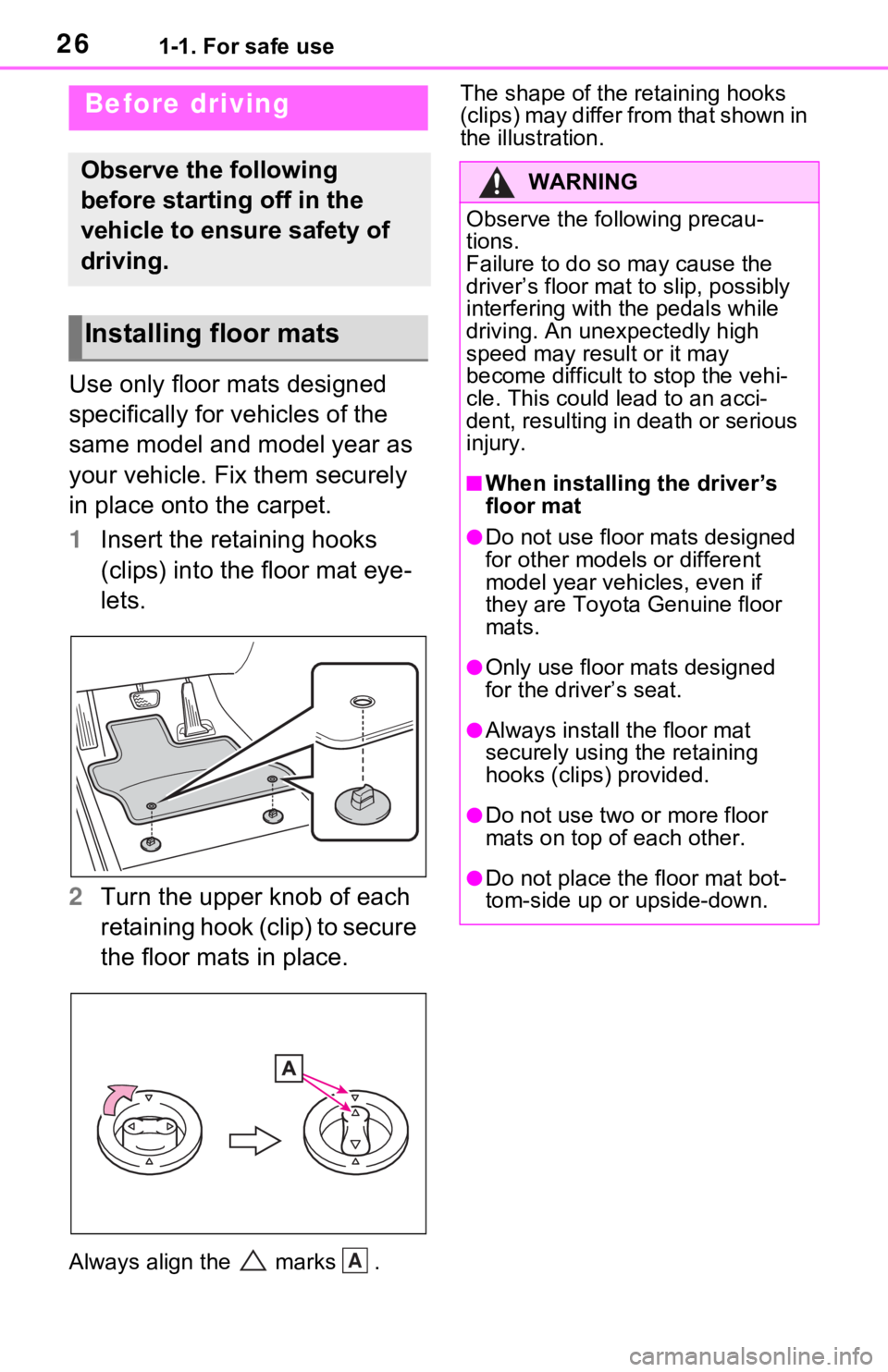 TOYOTA RAV4 2021   (in English) Owners Manual 261-1. For safe use
1-1.For safe use
Use only floor mats designed 
specifically for vehicles of the 
same model and model year as 
your vehicle. Fix them securely 
in place onto the carpet.
1 Insert t