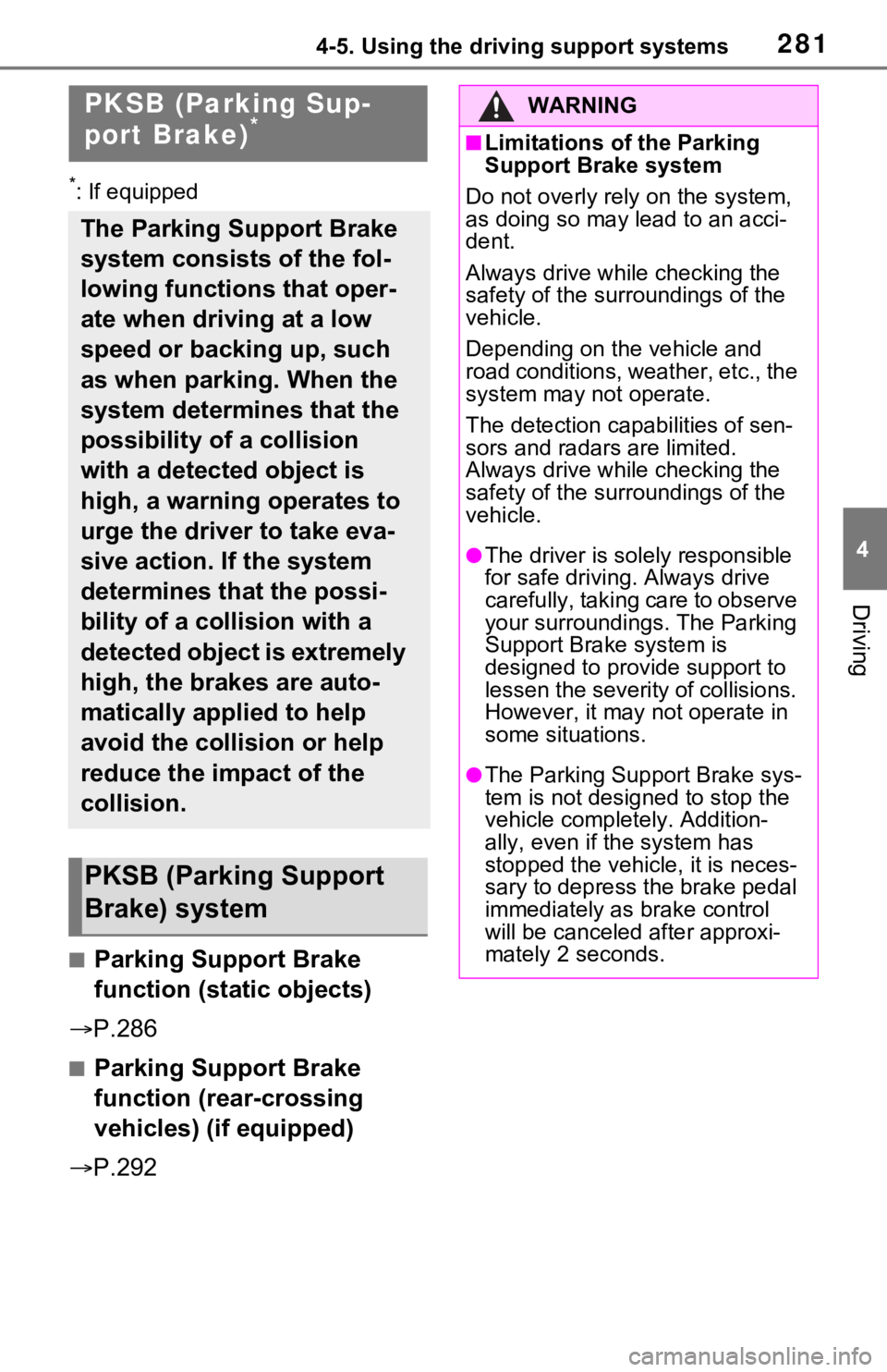 TOYOTA RAV4 2021  Owners Manual (in English) 2814-5. Using the driving support systems
4
Driving
*: If equipped
■Parking Support Brake 
function (static objects)
 P.286
■Parking Support Brake 
function (rear-crossing 
vehicles) (if equipp
