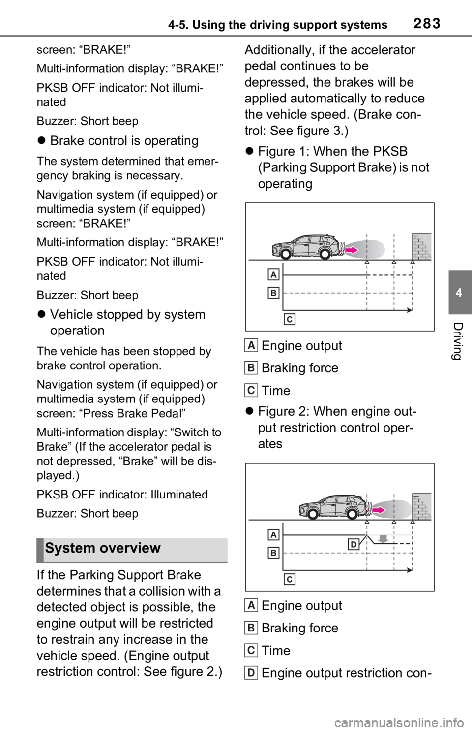 TOYOTA RAV4 2021  Owners Manual (in English) 2834-5. Using the driving support systems
4
Driving
screen: “BRAKE!”
Multi-information display: “BRAKE!”
PKSB OFF indicator: Not illumi-
nated
Buzzer: Short beep
 Brake control is operating
