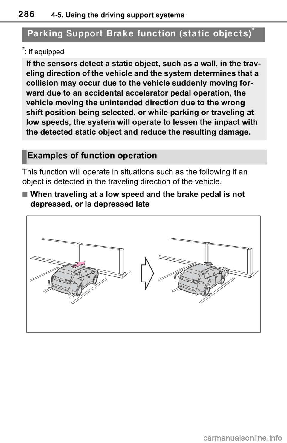 TOYOTA RAV4 2021 (in English) Service Manual 2864-5. Using the driving support systems
*: If equipped
This function will operate in situations such as the following if an
object is detected in the traveling direction of the vehicle.
■When tra TOYOTA RAV4 2021 (in English) Service Manual 2864-5. Using the driving support systems
*: If equipped
This function will operate in situations such as the following if an
object is detected in the traveling direction of the vehicle.
■When tra