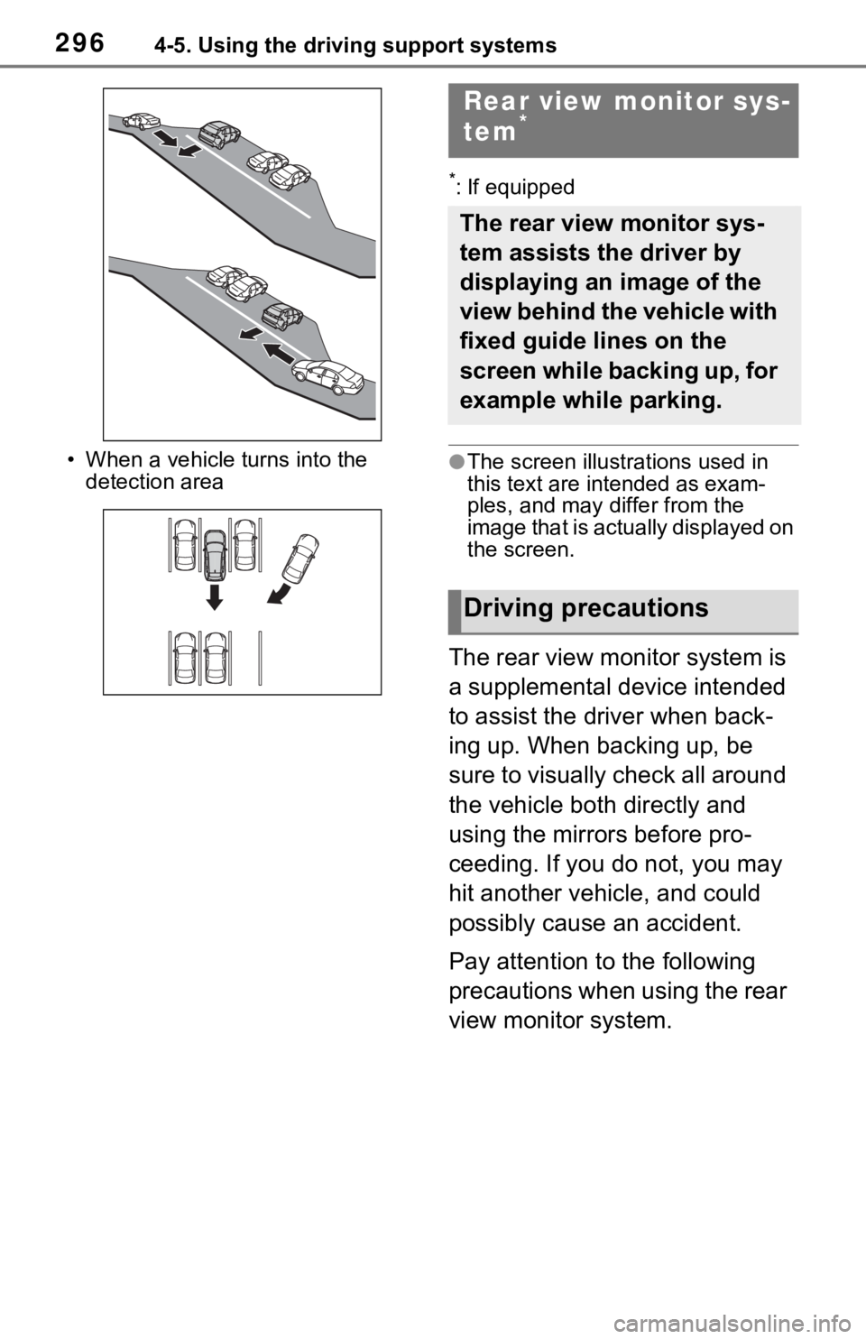 TOYOTA RAV4 2021  Owners Manual (in English) 2964-5. Using the driving support systems
• When a vehicle turns into the detection area
*: If equipped
●The screen illust rations used in 
this text are intended as exam-
ples, and may differ fro
