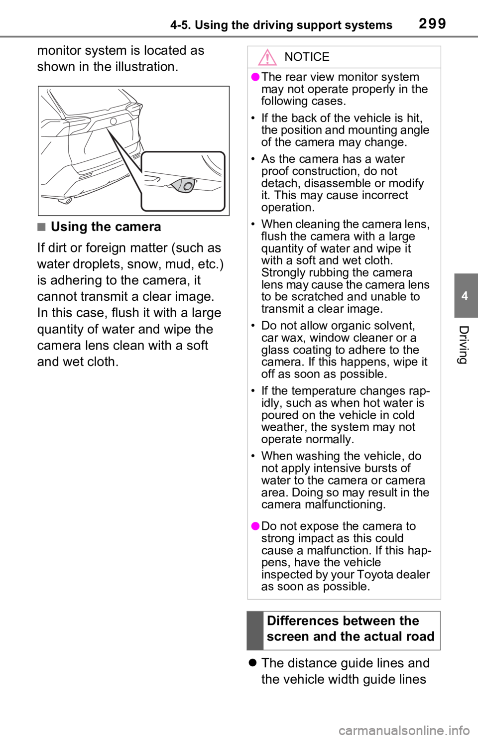 TOYOTA RAV4 2021  Owners Manual (in English) 2994-5. Using the driving support systems
4
Driving
monitor system is located as 
shown in the illustration.
■Using the camera
If dirt or foreign matter (such as 
water droplets, snow, mud, etc.) 
i