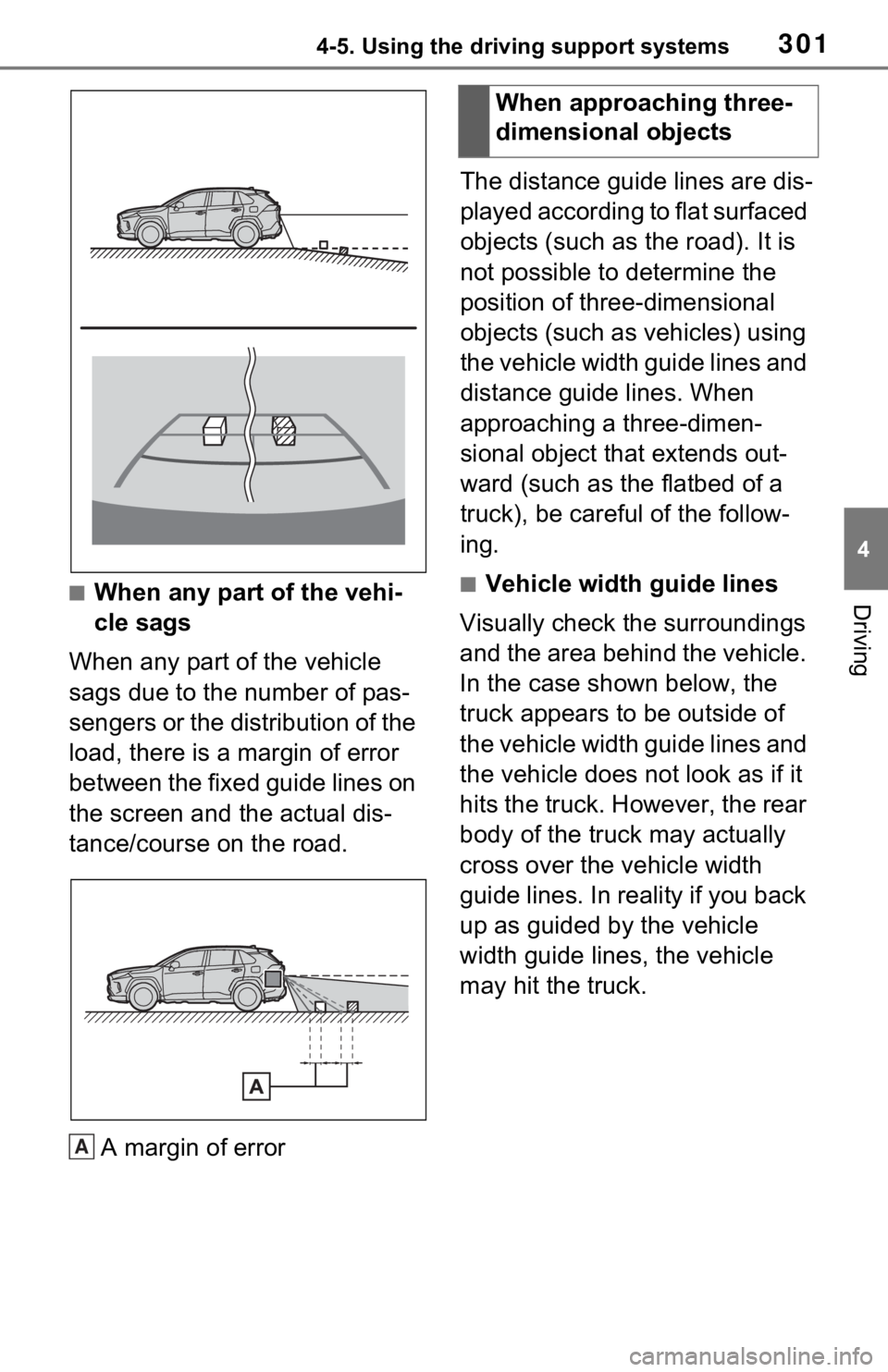 TOYOTA RAV4 2021  Owners Manual (in English) 3014-5. Using the driving support systems
4
Driving■When any part of the vehi-
cle sags
When any part of the vehicle 
sags due to the number of pas-
sengers or the distribution of the 
load, there i