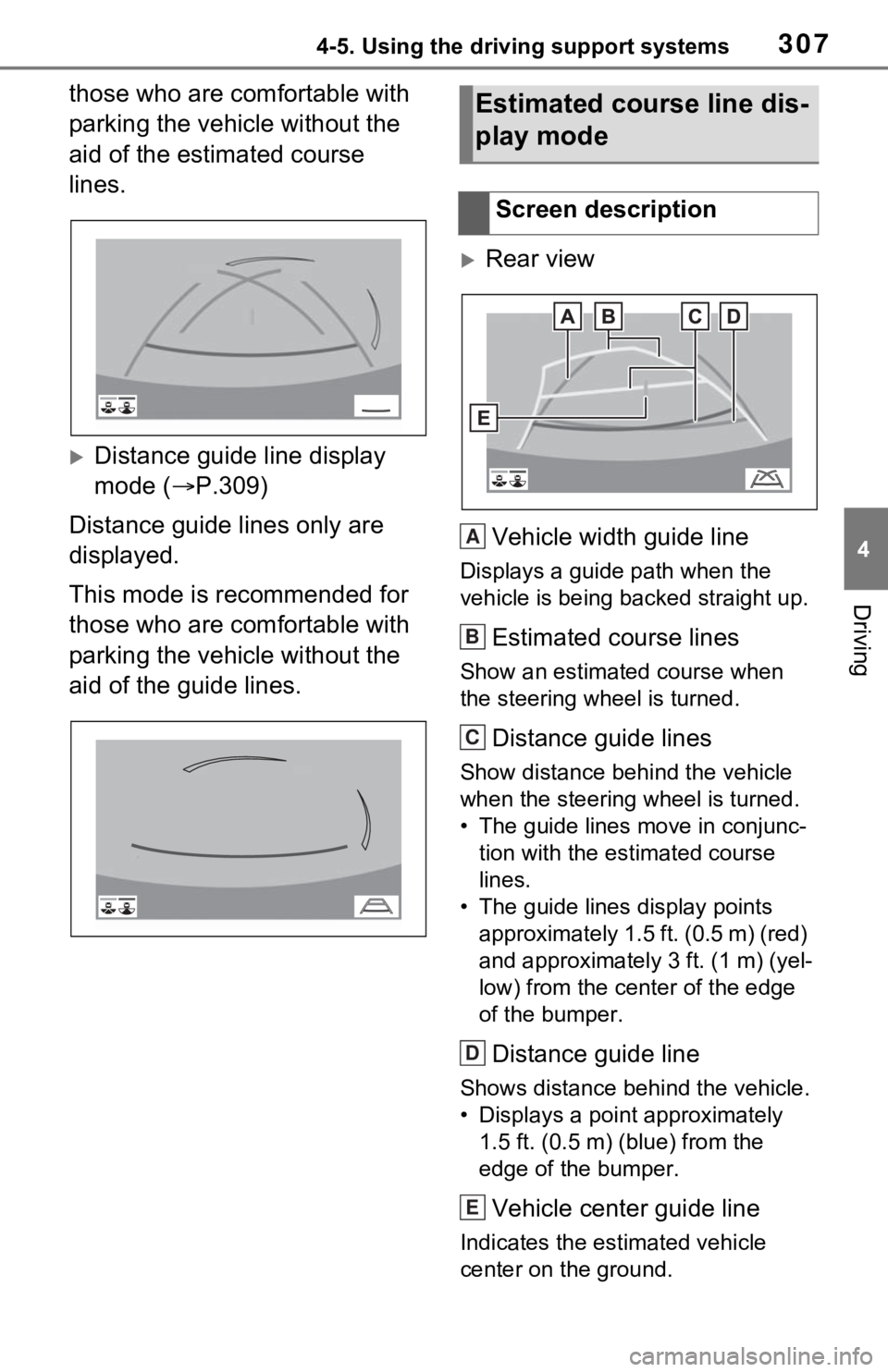 TOYOTA RAV4 2021  Owners Manual (in English) 3074-5. Using the driving support systems
4
Driving
those who are comfortable with 
parking the vehicle without the 
aid of the estimated course 
lines.
Distance guide line display 
mode (P.309)