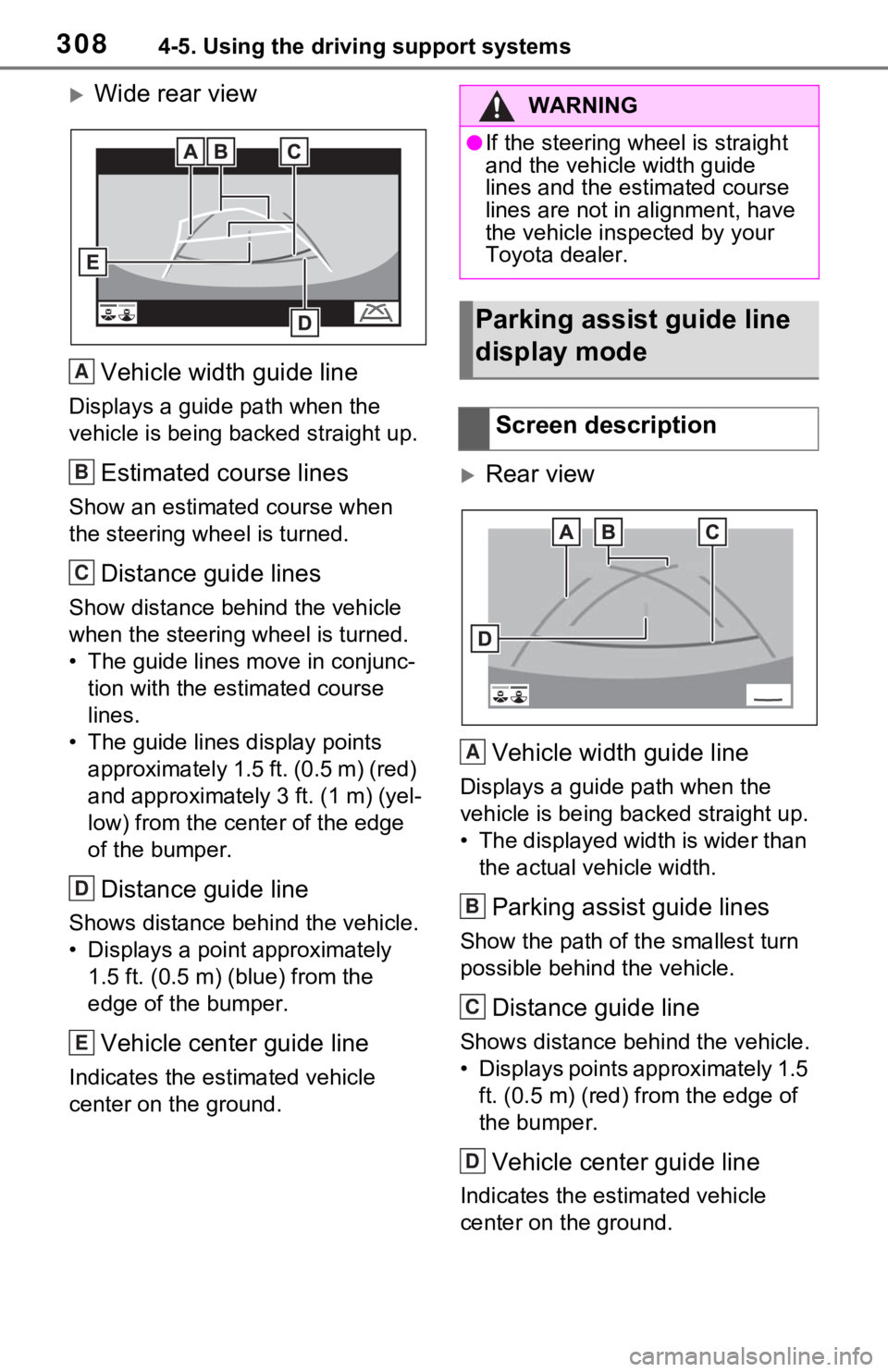 TOYOTA RAV4 2021  Owners Manual (in English) 3084-5. Using the driving support systems
Wide rear viewVehicle width guide line
Displays a guide  path when the 
vehicle is being b acked straight up.
Estimated course lines
Show an estimate d cou