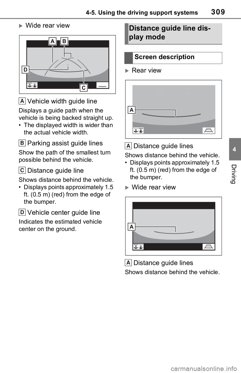 TOYOTA RAV4 2021  Owners Manual (in English) 3094-5. Using the driving support systems
4
Driving
Wide rear viewVehicle width guide line
Displays a guide  path when the 
vehicle is being b acked straight up.
• The displayed width is wider th