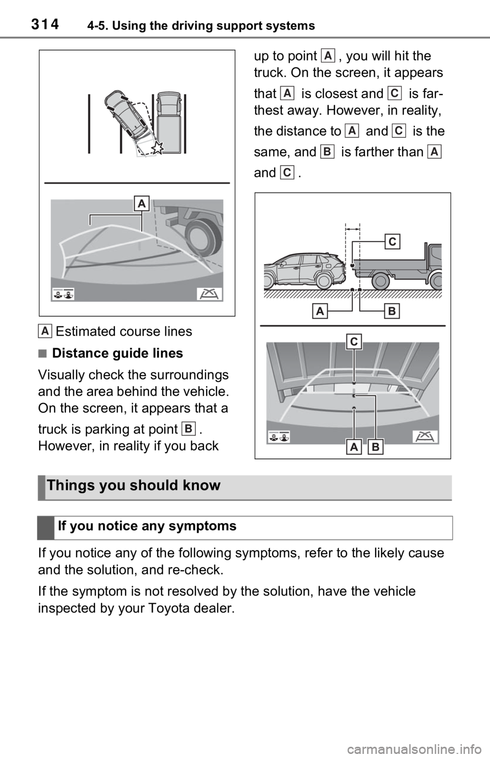 TOYOTA RAV4 2021  Owners Manual (in English) 3144-5. Using the driving support systems
Estimated course lines
■Distance guide lines
Visually check the surroundings 
and the area behind the vehicle. 
On the screen, it appears that a 
truck is p