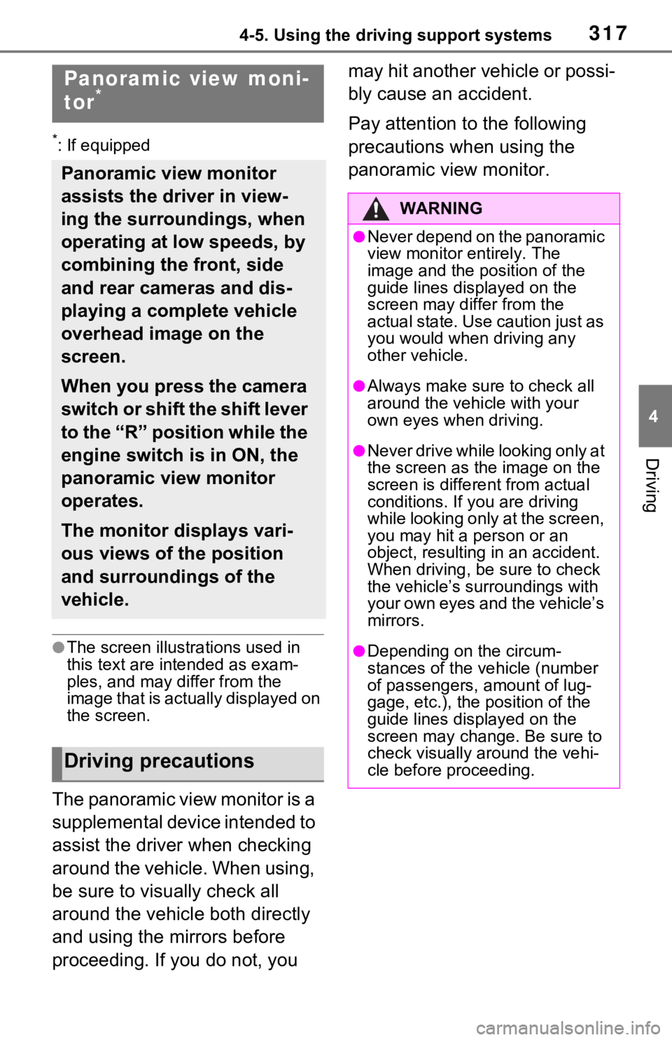 TOYOTA RAV4 2021 (in English) Service Manual 3174-5. Using the driving support systems
4
Driving
*: If equipped
●The screen illustrations used in
this text are intended as exam-
ples, and may differ from the
image that is actually displayed TOYOTA RAV4 2021 (in English) Service Manual 3174-5. Using the driving support systems
4
Driving
*: If equipped
●The screen illustrations used in
this text are intended as exam-
ples, and may differ from the
image that is actually displayed