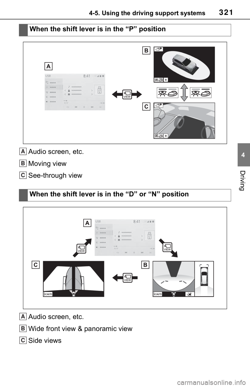 TOYOTA RAV4 2021  Owners Manual (in English) 3214-5. Using the driving support systems
4
Driving
Audio screen, etc.
Moving view
See-through view
Audio screen, etc.
Wide front view & panoramic view
Side viewsWhen the shift lever is in the “P”