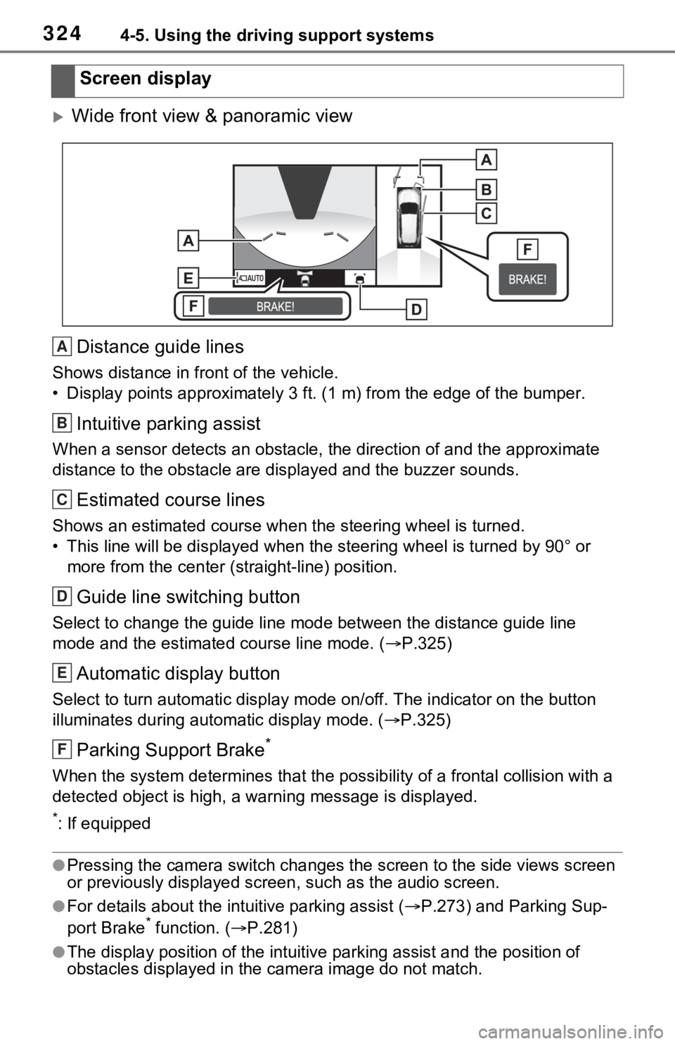 TOYOTA RAV4 2021 (in English) Repair Manual 3244-5. Using the driving support systems
Wide front view & panoramic viewDistance guide lines
Shows distance in front of the vehicle.
• Display points approximately 3 ft. (1 m) from the edge of TOYOTA RAV4 2021 (in English) Repair Manual 3244-5. Using the driving support systems
Wide front view & panoramic viewDistance guide lines
Shows distance in front of the vehicle.
• Display points approximately 3 ft. (1 m) from the edge of