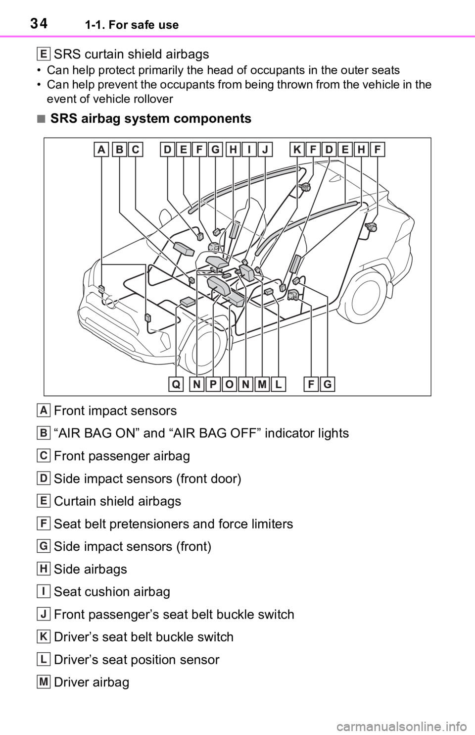 TOYOTA RAV4 2021  Owners Manual (in English) 341-1. For safe use
SRS curtain shield airbags
• Can help protect primarily the head of occupants in the outer seats
• Can help prevent the occupants from being thrown from the vehi cle in the 
ev