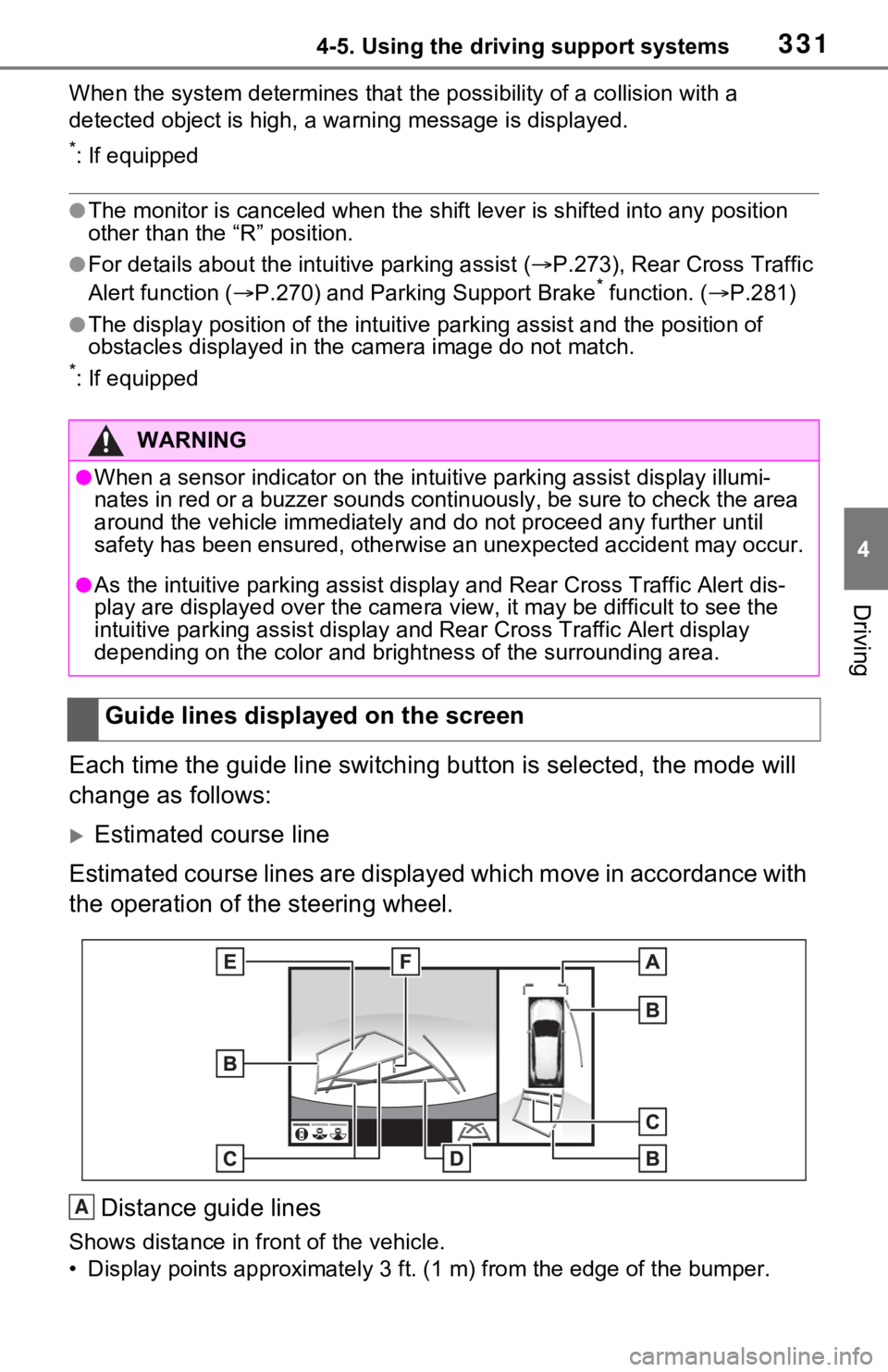 TOYOTA RAV4 2021 (in English) Repair Manual 3314-5. Using the driving support systems
4
Driving
When the system determines that the possibility of a collision with a
detected object is high, a warning message is displayed.
*: If equipped
●Th TOYOTA RAV4 2021 (in English) Repair Manual 3314-5. Using the driving support systems
4
Driving
When the system determines that the possibility of a collision with a
detected object is high, a warning message is displayed.
*: If equipped
●Th