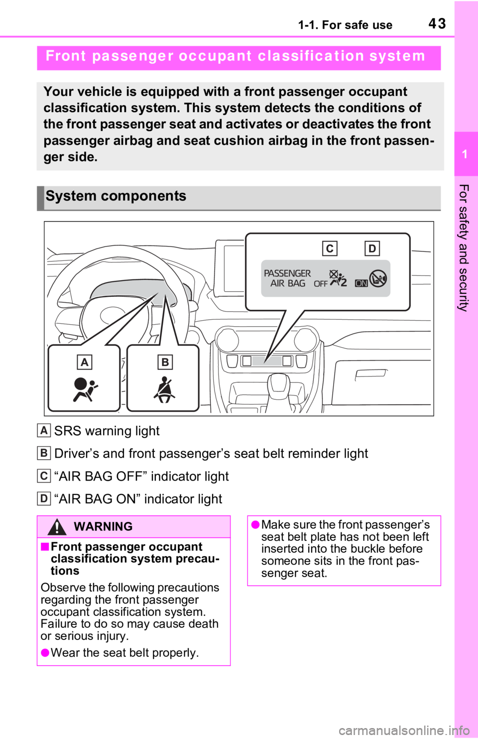 TOYOTA RAV4 2021   (in English) Service Manual 431-1. For safe use
1
For safety and security
SRS warning light
Driver’s and front passenger’s seat belt reminder light
“AIR BAG OFF” indicator light
“AIR BAG ON” indicator light
Front pas