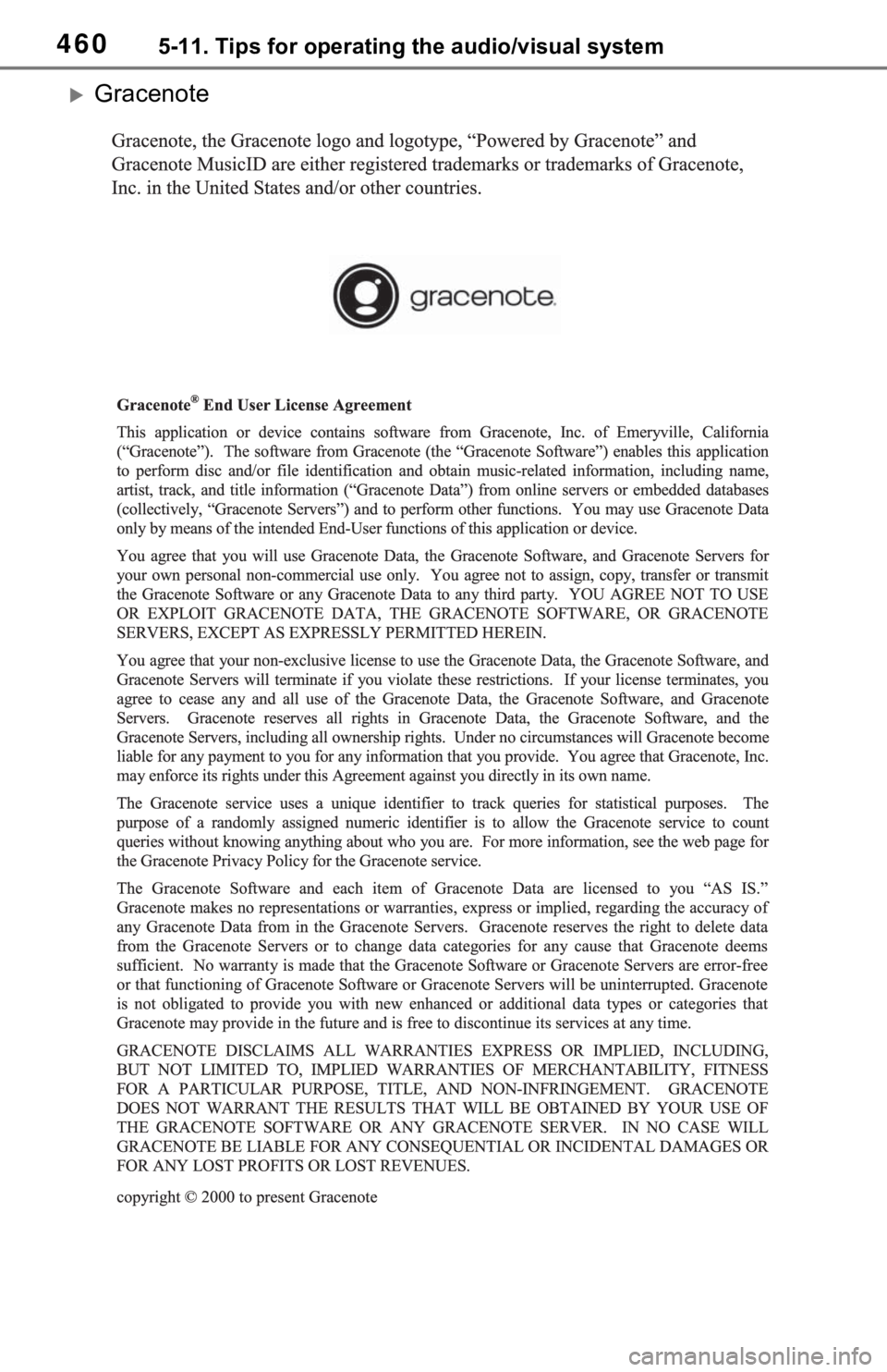 TOYOTA RAV4 2021 Owners Manual (in English) 4605-11. Tips for operating the audio/visual system
Gracenote TOYOTA RAV4 2021 Owners Manual (in English) 4605-11. Tips for operating the audio/visual system
Gracenote
