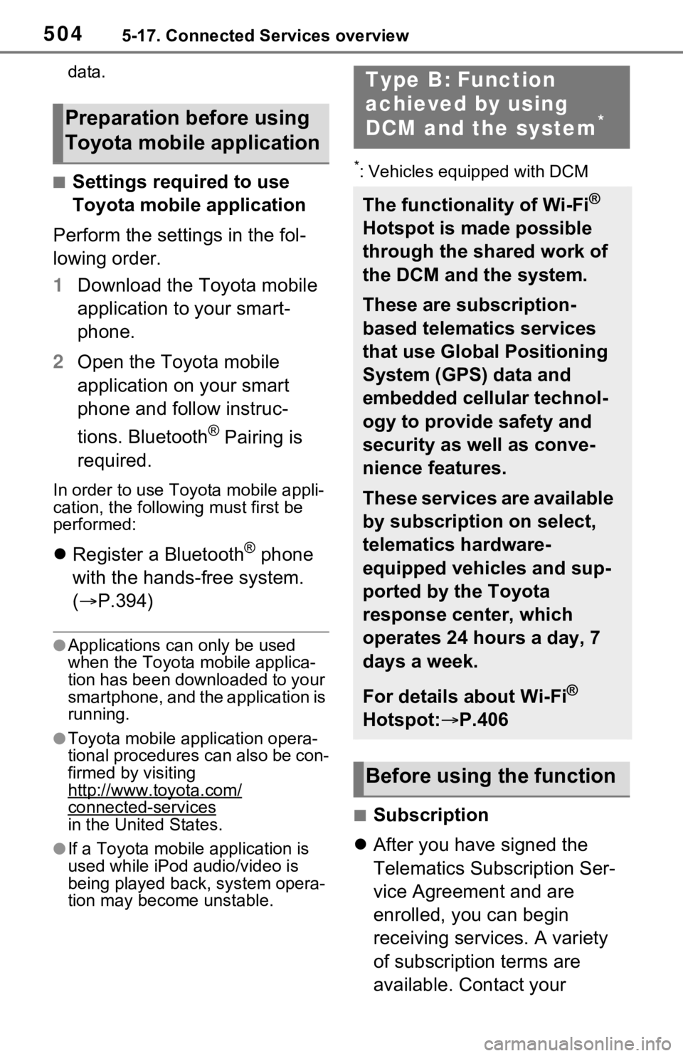 TOYOTA RAV4 2021 Owners Manual (in English) 5045-17. Connected Services overview
data.
■Settings required to use
Toyota mobile application
Perform the settings in the fol-
lowing order.
1 Download the Toyota mobile
application to your smart TOYOTA RAV4 2021 Owners Manual (in English) 5045-17. Connected Services overview
data.
■Settings required to use
Toyota mobile application
Perform the settings in the fol-
lowing order.
1 Download the Toyota mobile
application to your smart