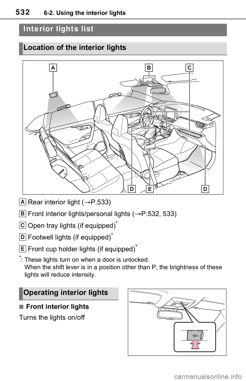 TOYOTA RAV4 2021  Owners Manual (in English) 5326-2. Using the interior lights
6-2.Using the interior lights
Rear interior light (P.533)
Front interior lights/personal lights ( P.532, 533)
Open tray lights (if equipped)
*
Footwell lights (