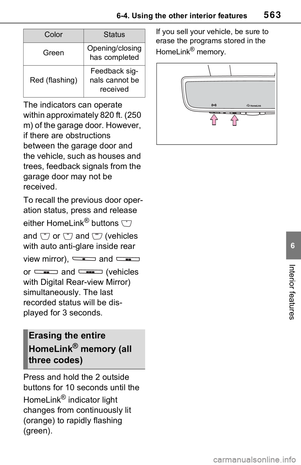 TOYOTA RAV4 2021  Owners Manual (in English) 5636-4. Using the other interior features
6
Interior features
The indicators can operate 
within approximately 820 ft. (250 
m) of the garage door. However, 
if there are obstructions 
between the gar
