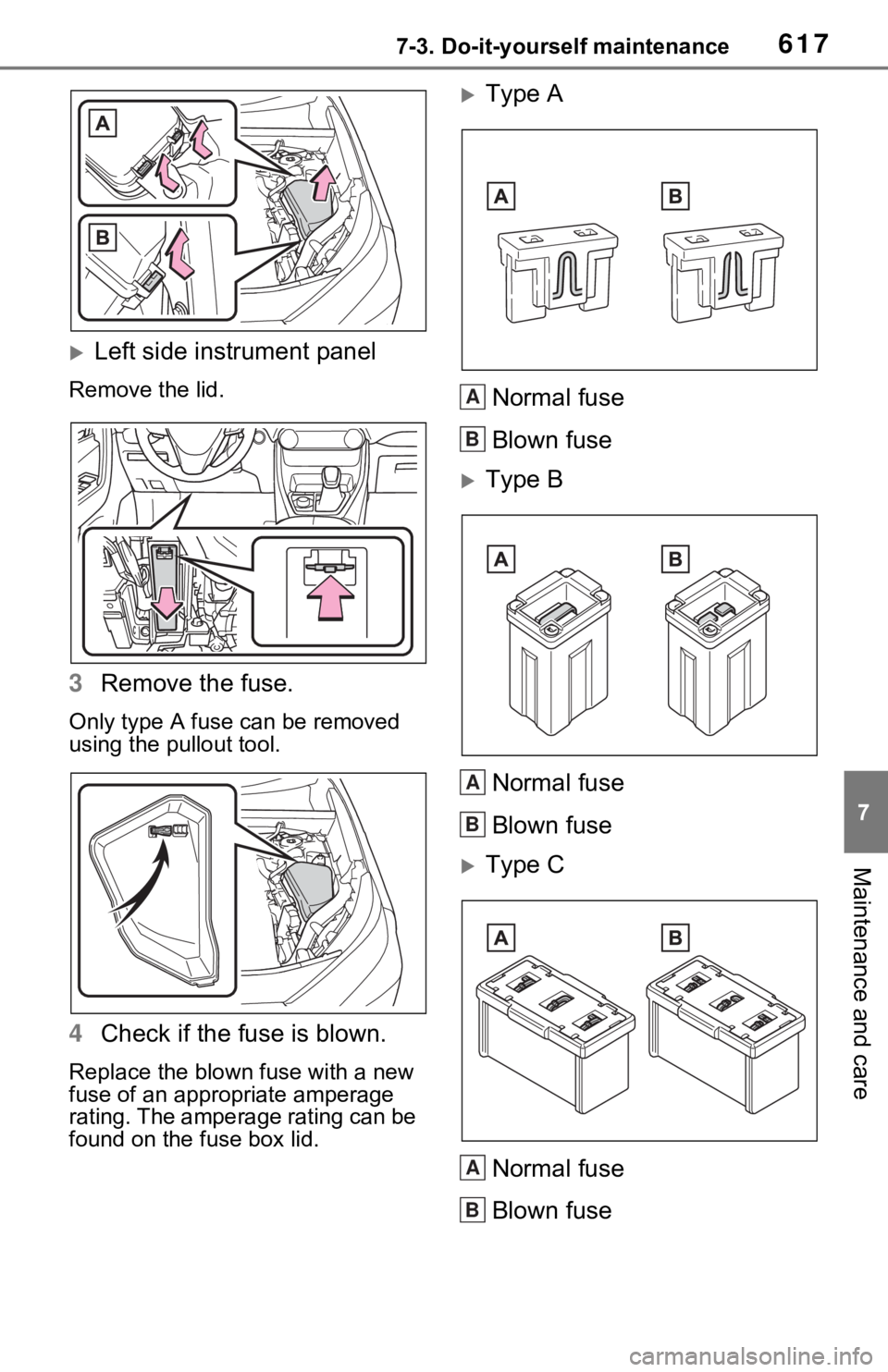TOYOTA RAV4 2021  Owners Manual (in English) 6177-3. Do-it-yourself maintenance
7
Maintenance and care
Left side instrument panel
Remove the lid.
3Remove the fuse.
Only type A fuse can be removed 
using the pullout tool.
4Check if the fuse is