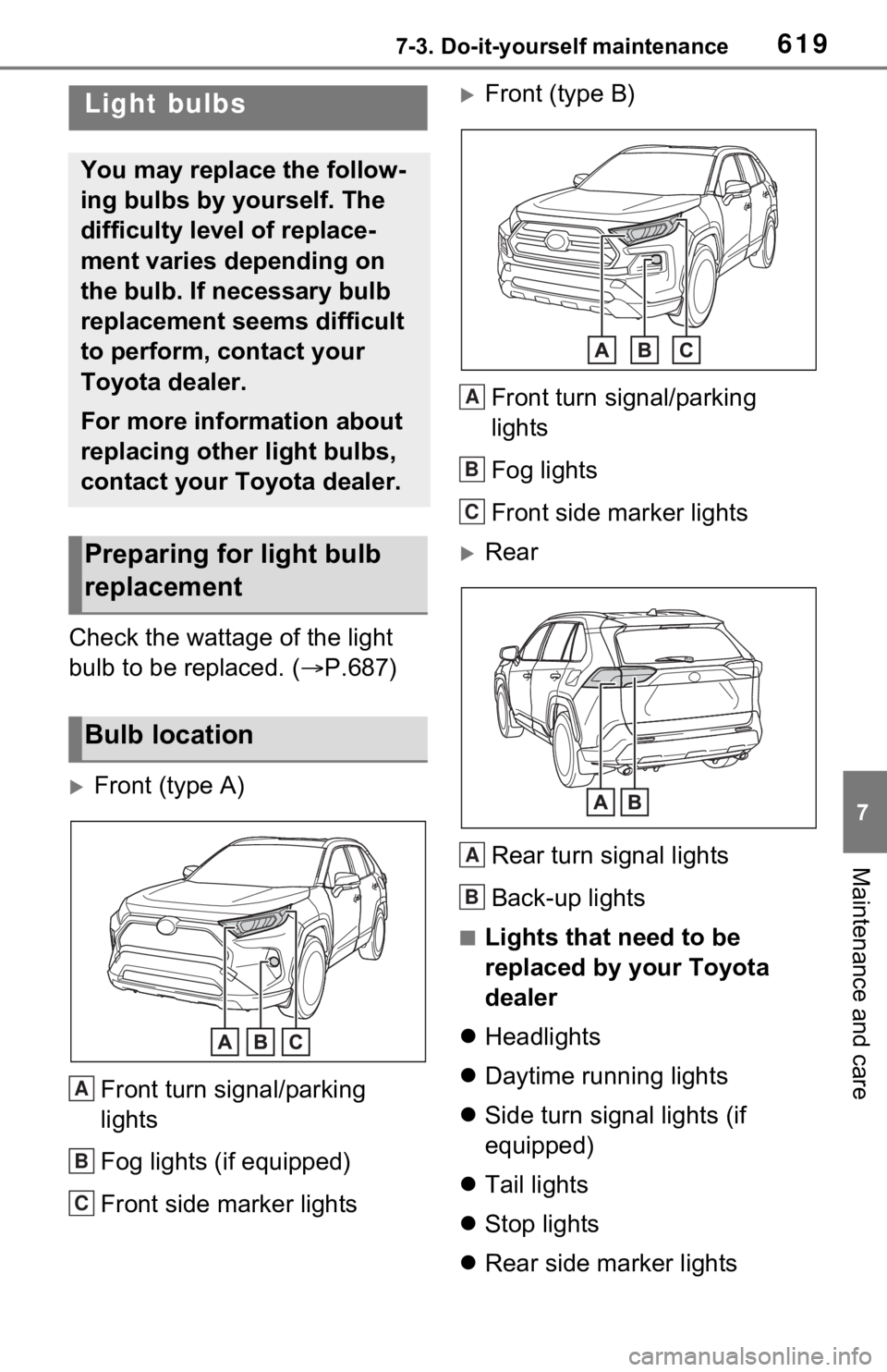 TOYOTA RAV4 2021  Owners Manual (in English) 6197-3. Do-it-yourself maintenance
7
Maintenance and care
Check the wattage of the light 
bulb to be replaced. (P.687)
Front (type A)
Front turn signal/parking 
lights
Fog lights (if equipped)
F