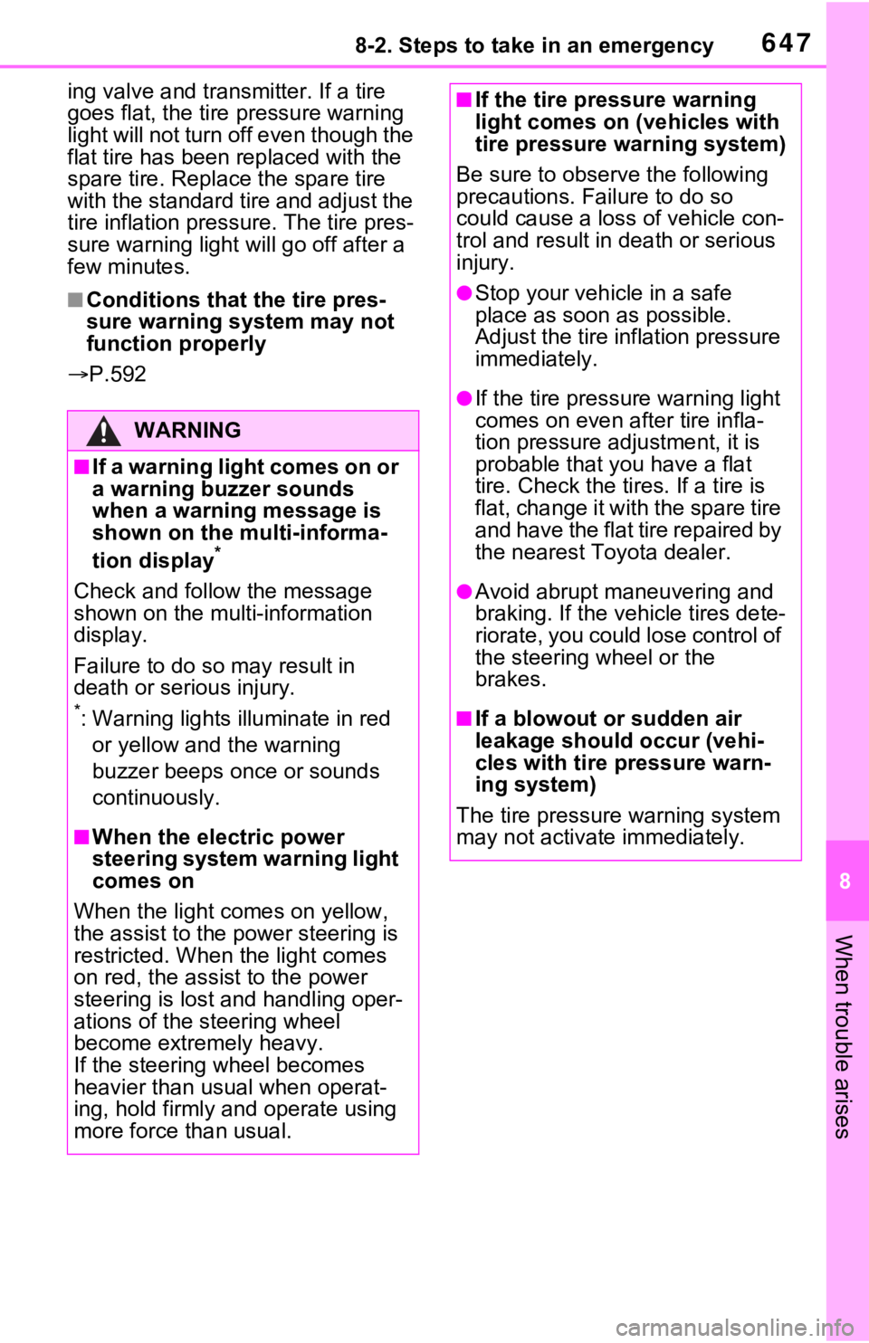 TOYOTA RAV4 2021  Owners Manual (in English) 6478-2. Steps to take in an emergency
8
When trouble arises
ing valve and transmitter. If a tire 
goes flat, the tire pressure warning 
light will not turn o ff even though the 
flat tire has been rep