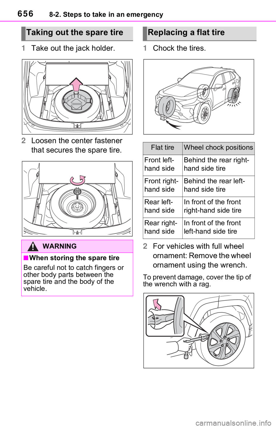 TOYOTA RAV4 2021  Owners Manual (in English) 6568-2. Steps to take in an emergency
1Take out the jack holder.
2 Loosen the center fastener 
that secures the spare tire. 1
Chock the tires.
2 For vehicles with full wheel 
ornament: Remove the whee