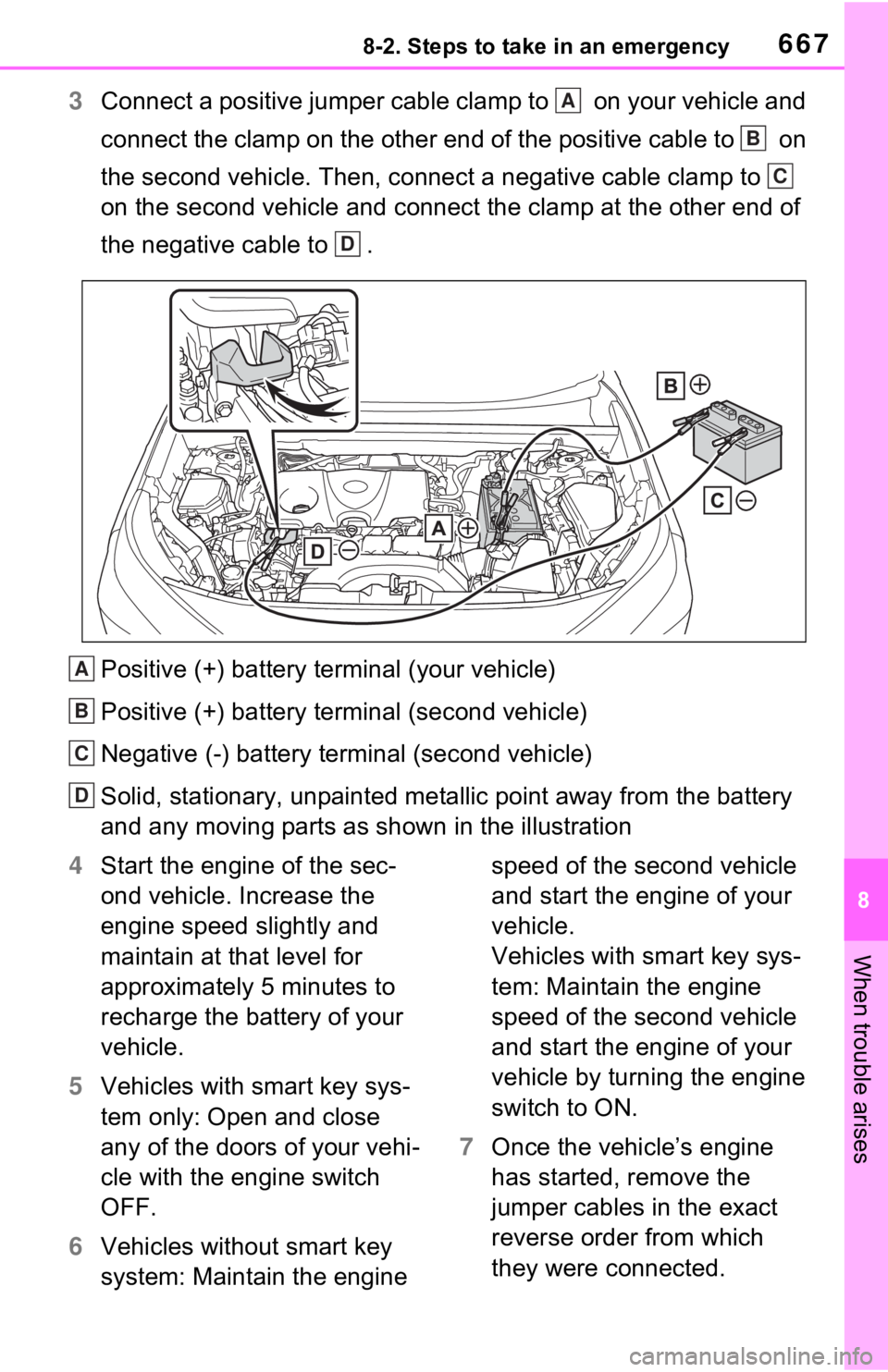 TOYOTA RAV4 2021  Owners Manual (in English) 6678-2. Steps to take in an emergency
8
When trouble arises
3Connect a positive jumper cable clamp to   on your vehicle and 
connect the clamp on the other end of the positive cable to   on  
the seco