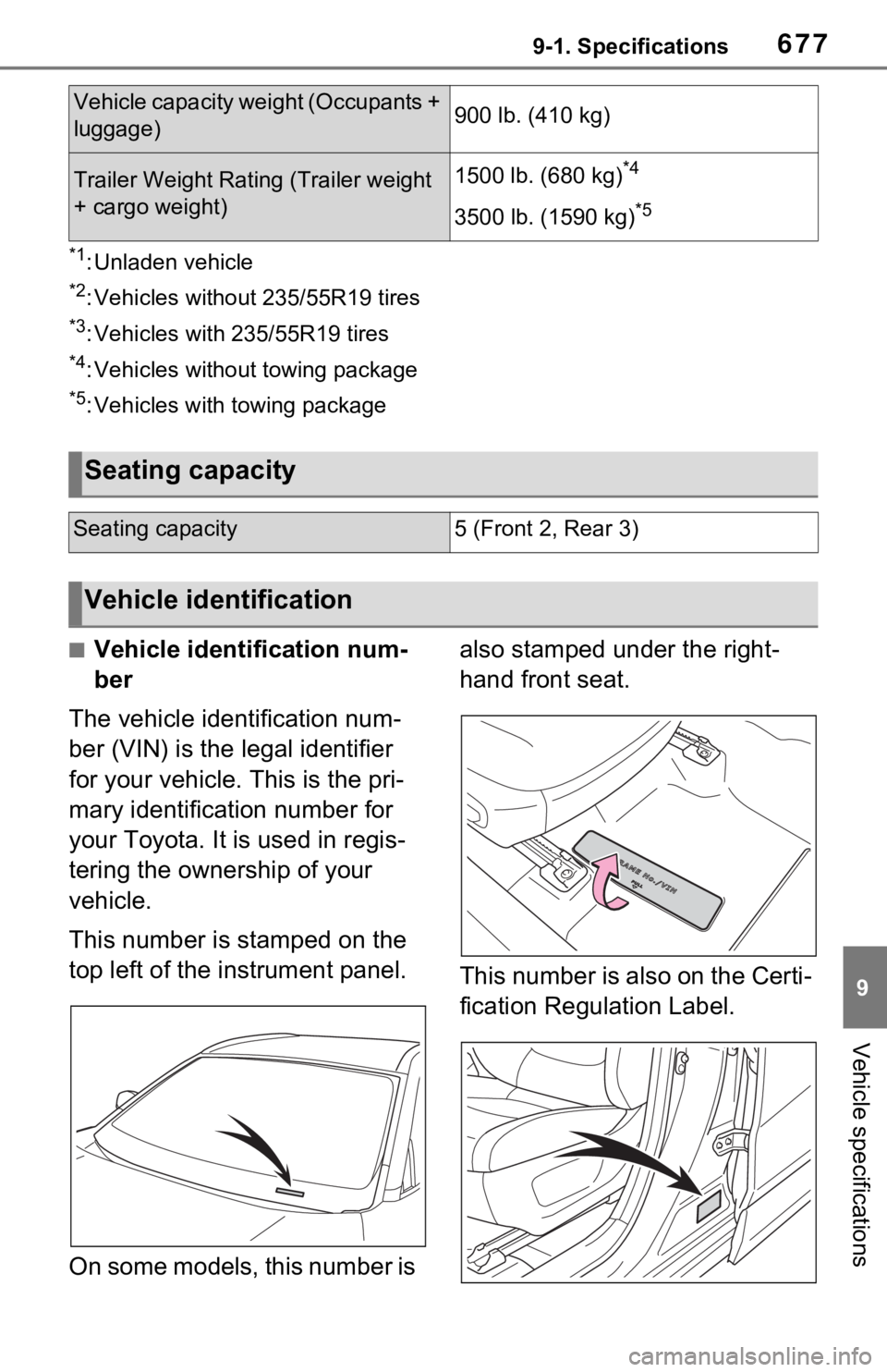 TOYOTA RAV4 2021 Owners Manual (in English) 6779-1. Specifications
9
Vehicle specifications
*1: Unladen vehicle
*2: Vehicles without 235/55R19 tires
*3: Vehicles with 235/55R19 tires
*4: Vehicles without towing package
*5: Vehicles with towing TOYOTA RAV4 2021 Owners Manual (in English) 6779-1. Specifications
9
Vehicle specifications
*1: Unladen vehicle
*2: Vehicles without 235/55R19 tires
*3: Vehicles with 235/55R19 tires
*4: Vehicles without towing package
*5: Vehicles with towing