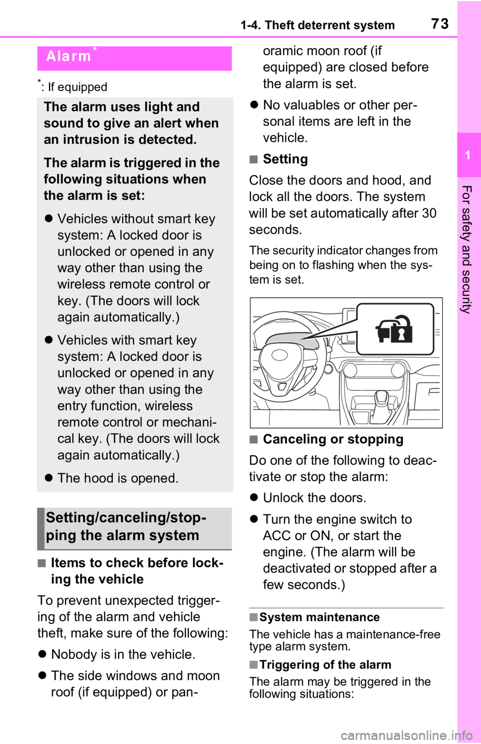 TOYOTA RAV4 2021 Owners Manual (in English) 731-4. Theft deterrent system
1
For safety and security
*: If equipped
■Items to check before lock-
ing the vehicle
To prevent unexpected trigger-
ing of the alarm and vehicle
theft, make sure of t TOYOTA RAV4 2021 Owners Manual (in English) 731-4. Theft deterrent system
1
For safety and security
*: If equipped
■Items to check before lock-
ing the vehicle
To prevent unexpected trigger-
ing of the alarm and vehicle
theft, make sure of t