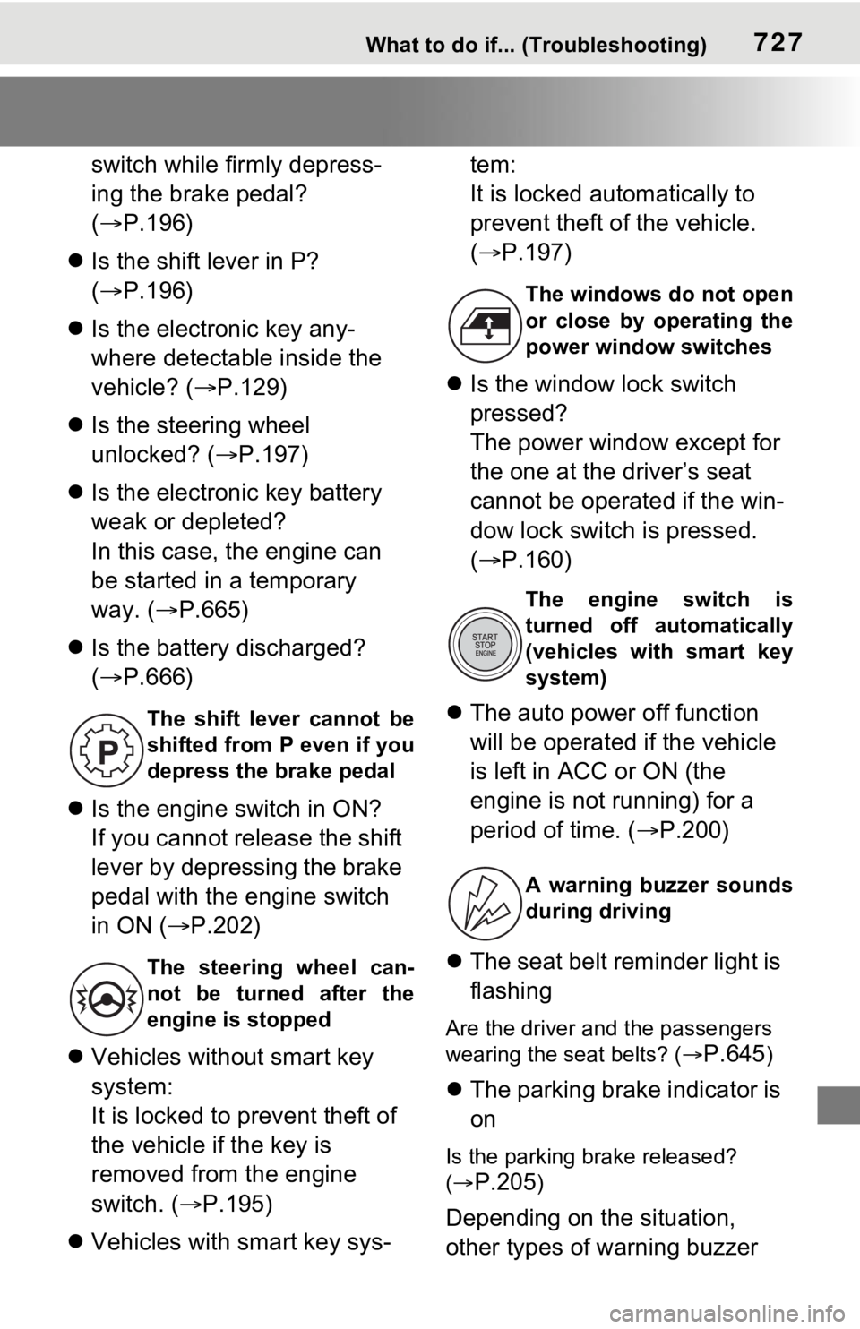 TOYOTA RAV4 2021  Owners Manual (in English) 727What to do if... (Troubleshooting)
switch while firmly depress-
ing the brake pedal? 
(P.196)
 Is the shift lever in P? 
( P.196)
 Is the electronic key any-
where detectable inside the