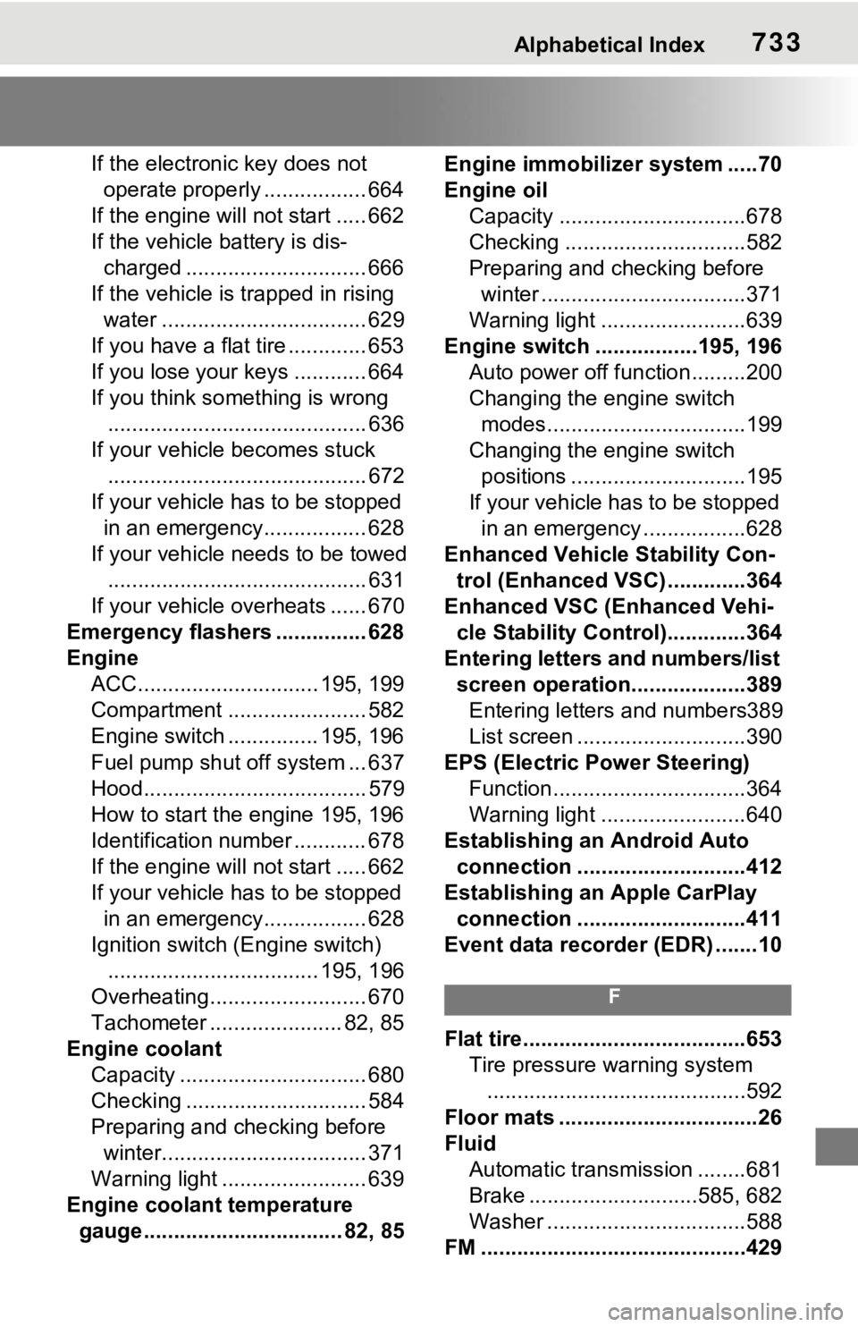 TOYOTA RAV4 2021  Owners Manual (in English) Alphabetical Index733
If the electronic key does not operate properly ................. 664
If the engin e will not start ..... 662
If the vehicle battery is dis- charged .............................