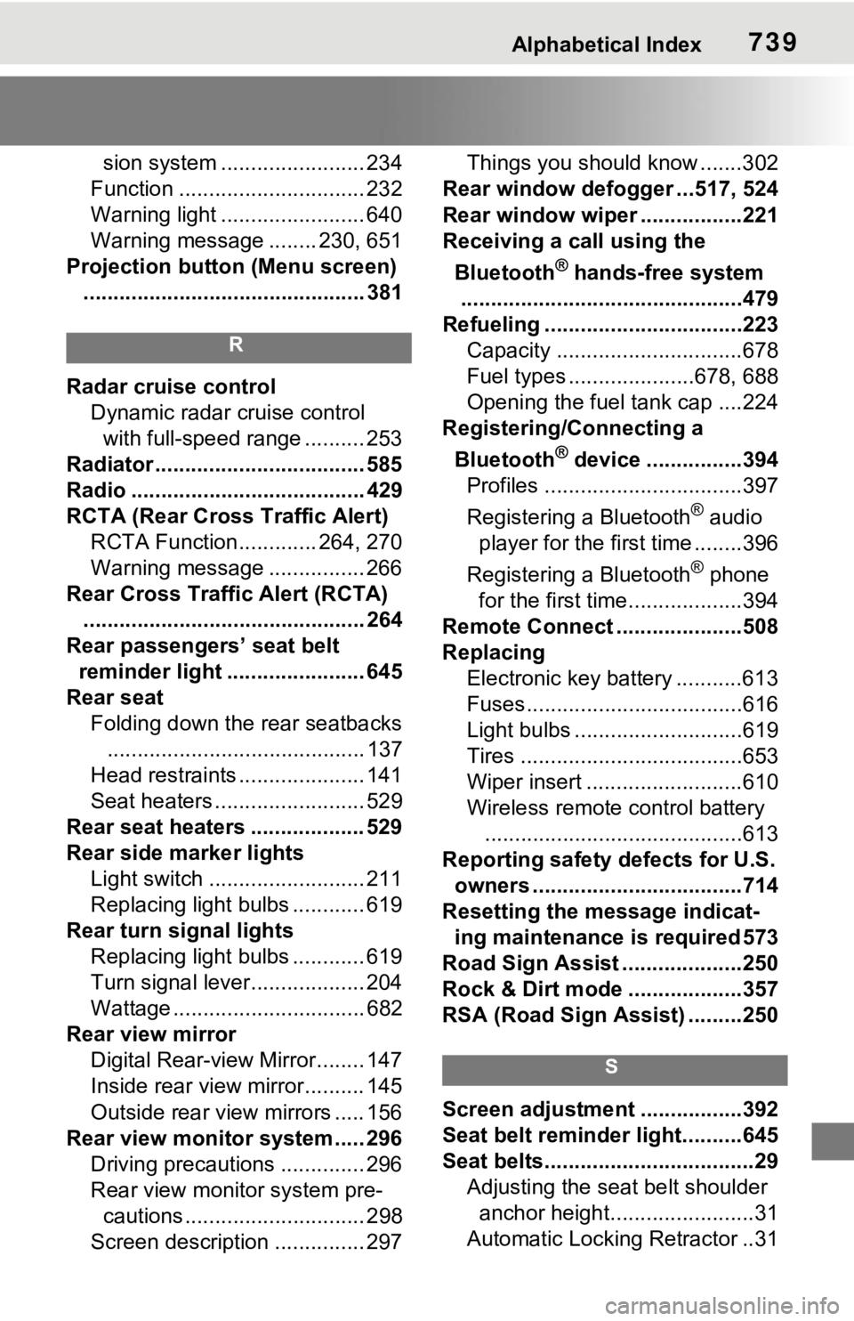 TOYOTA RAV4 2021  Owners Manual (in English) Alphabetical Index739
sion system ........................ 234
Function ............................... 232
Warning light ........................ 640
Warning message ........ 230, 651
Projection butt