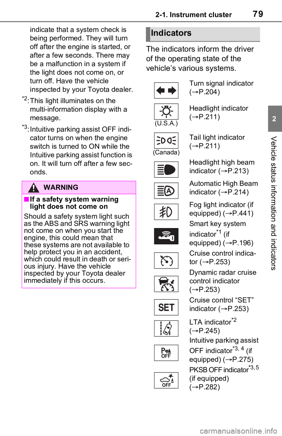 TOYOTA RAV4 2021  Owners Manual (in English) 792-1. Instrument cluster
2
Vehicle status information and indicators
indicate that a system check is 
being performed. They will turn 
off after the engine is started, or 
after a few seconds. There 