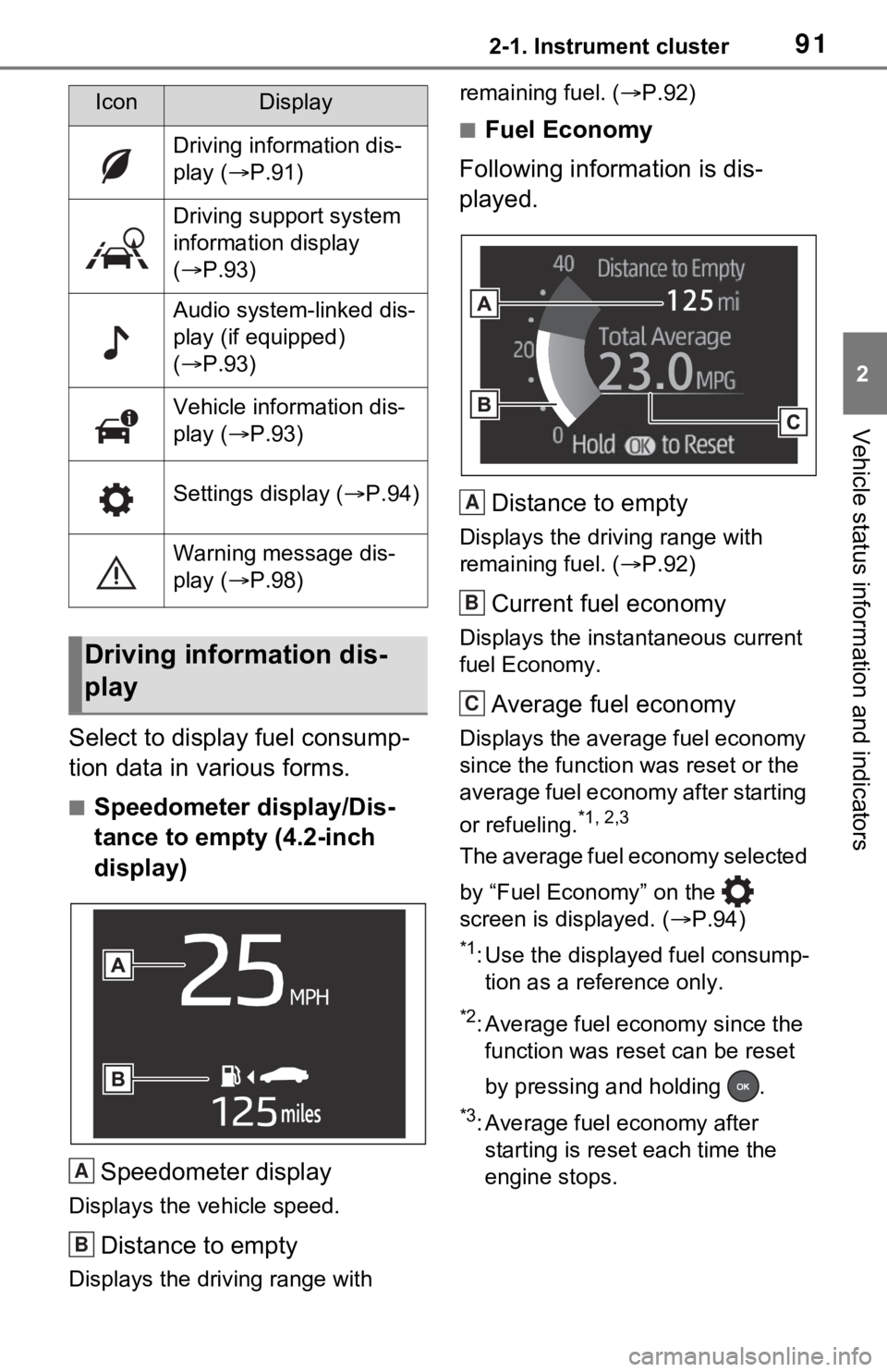 TOYOTA RAV4 2021 Owners Manual (in English) 912-1. Instrument cluster
2
Vehicle status information and indicators
Select to display fuel consump-
tion data in various forms.
■Speedometer display/Dis-
tance to empty (4.2-inch
display)
Speedom TOYOTA RAV4 2021 Owners Manual (in English) 912-1. Instrument cluster
2
Vehicle status information and indicators
Select to display fuel consump-
tion data in various forms.
■Speedometer display/Dis-
tance to empty (4.2-inch
display)
Speedom