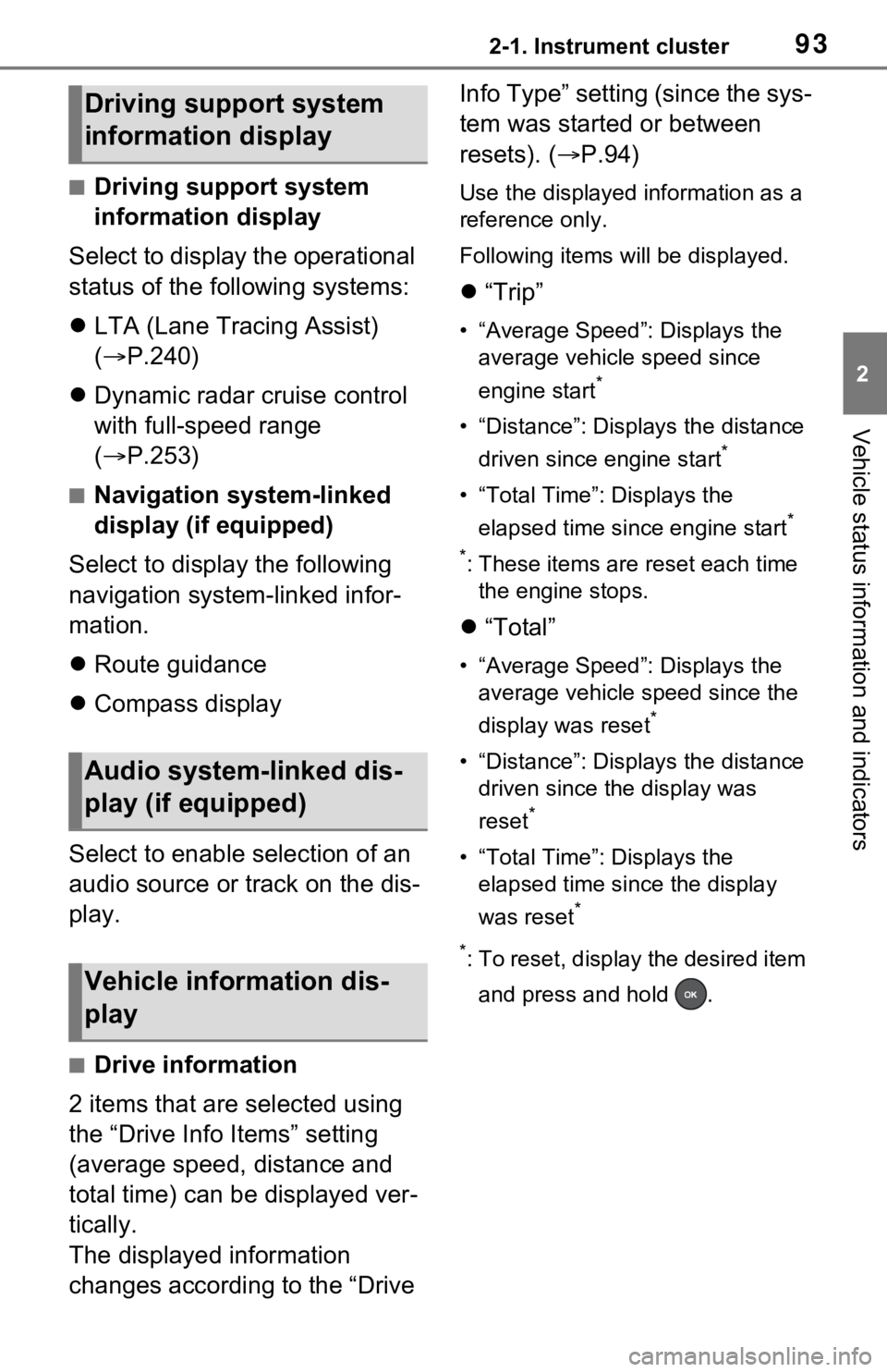 TOYOTA RAV4 2021 (in English) User Guide 932-1. Instrument cluster
2
Vehicle status information and indicators
■Driving support system
information display
Select to display the operational
status of the following systems:
LTA (Lane T TOYOTA RAV4 2021 (in English) User Guide 932-1. Instrument cluster
2
Vehicle status information and indicators
■Driving support system
information display
Select to display the operational
status of the following systems:
LTA (Lane T