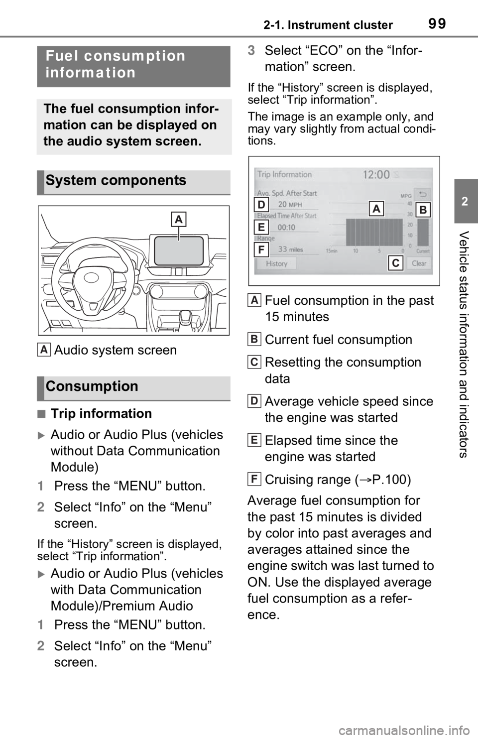 TOYOTA RAV4 2021   (in English) Owners Manual 992-1. Instrument cluster
2
Vehicle status information and indicators
Audio system screen
■Trip information
Audio or Audio Plus (vehicles 
without Data Communication 
Module)
1 Press the “MENU