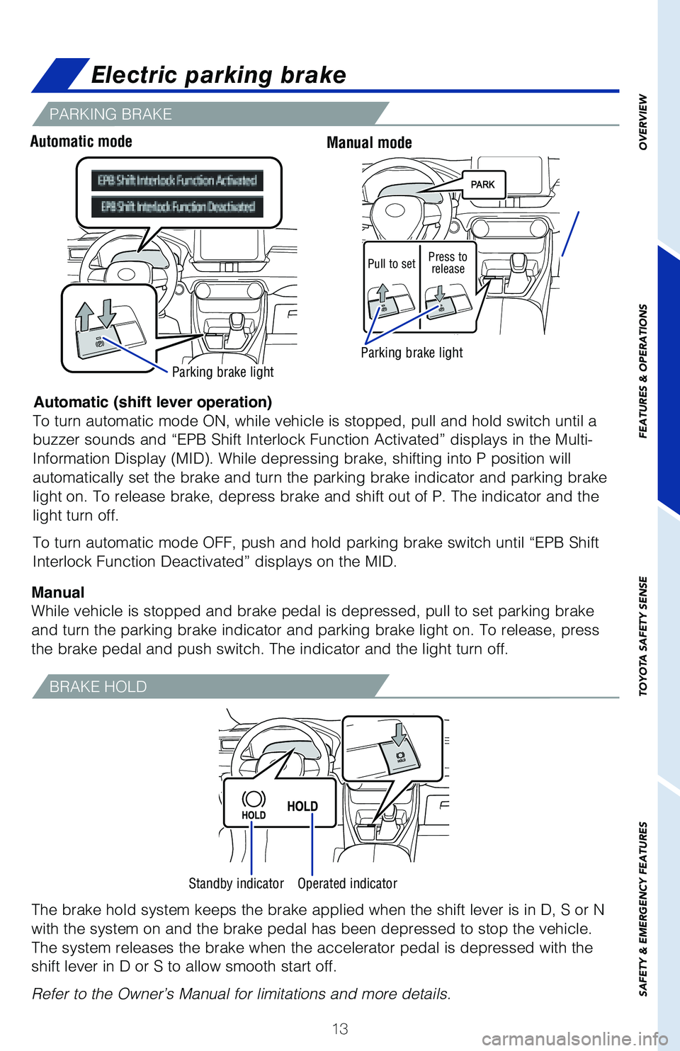 TOYOTA RAV4 2021 (in English) User Guide 13
Electric parking brake
Automatic (shift lever operation)
ManualTo turn automatic mode ON, while vehicle is stopped, pull and hold switc\
h until a
buzzer sounds and “EPB Shift Interlock Function TOYOTA RAV4 2021 (in English) User Guide 13
Electric parking brake
Automatic (shift lever operation)
ManualTo turn automatic mode ON, while vehicle is stopped, pull and hold switc\
h until a
buzzer sounds and “EPB Shift Interlock Function