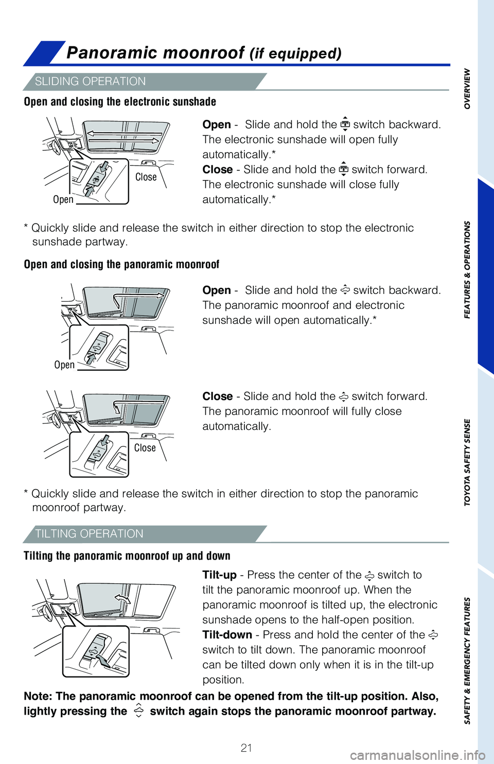 TOYOTA RAV4 2021 (in English) Owners Manual 21
SLIDING OPERATION
TILTING OPERATION
Open - Slide and hold the switch backward.
The electronic sunshade will open fully
automatically.*
Close - Slide and hold the
switch forward.
The electron TOYOTA RAV4 2021 (in English) Owners Manual 21
SLIDING OPERATION
TILTING OPERATION
Open - Slide and hold the switch backward.
The electronic sunshade will open fully
automatically.*
Close - Slide and hold the
switch forward.
The electron