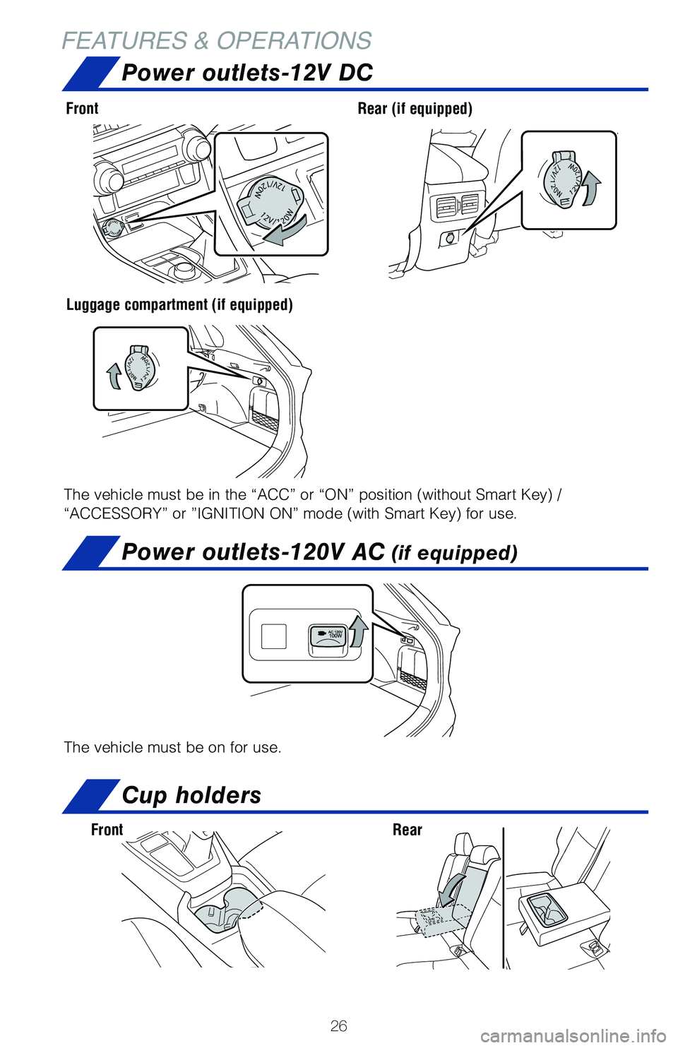 TOYOTA RAV4 2021 (in English) Owners Manual 26
FEATURES & OPERATIONS
The vehicle must be in the “ACC” or “ON” position (without Smart Key) /
“ACCESSORY” or ”IGNITION ON” mode (with Smart Key) for use.
The vehicle must be on for TOYOTA RAV4 2021 (in English) Owners Manual 26
FEATURES & OPERATIONS
The vehicle must be in the “ACC” or “ON” position (without Smart Key) /
“ACCESSORY” or ”IGNITION ON” mode (with Smart Key) for use.
The vehicle must be on for