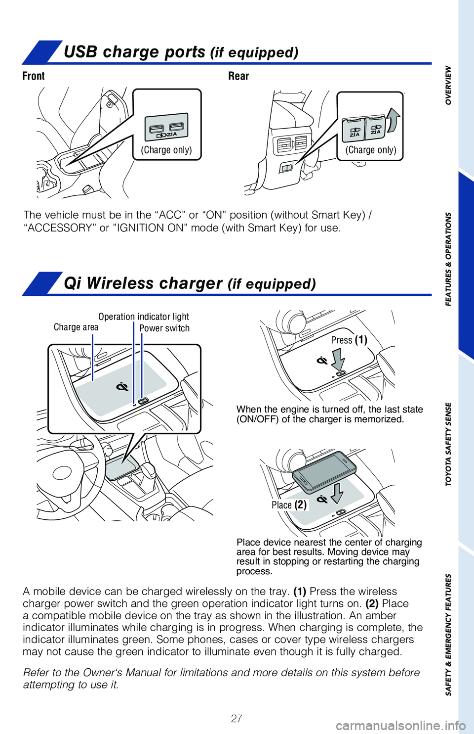 TOYOTA RAV4 2021 (in English) Owners Manual 27
FrontRear
OVERVIEW
FEATURES & OPERATIONS
TOYOTA SAFETY SENSE
SAFETY & EMERGENCY FEATURES
Power switchCharge areaOperation indicator light
Qi Wireless charger (if equipped)
A mobile device can be ch TOYOTA RAV4 2021 (in English) Owners Manual 27
FrontRear
OVERVIEW
FEATURES & OPERATIONS
TOYOTA SAFETY SENSE
SAFETY & EMERGENCY FEATURES
Power switchCharge areaOperation indicator light
Qi Wireless charger (if equipped)
A mobile device can be ch